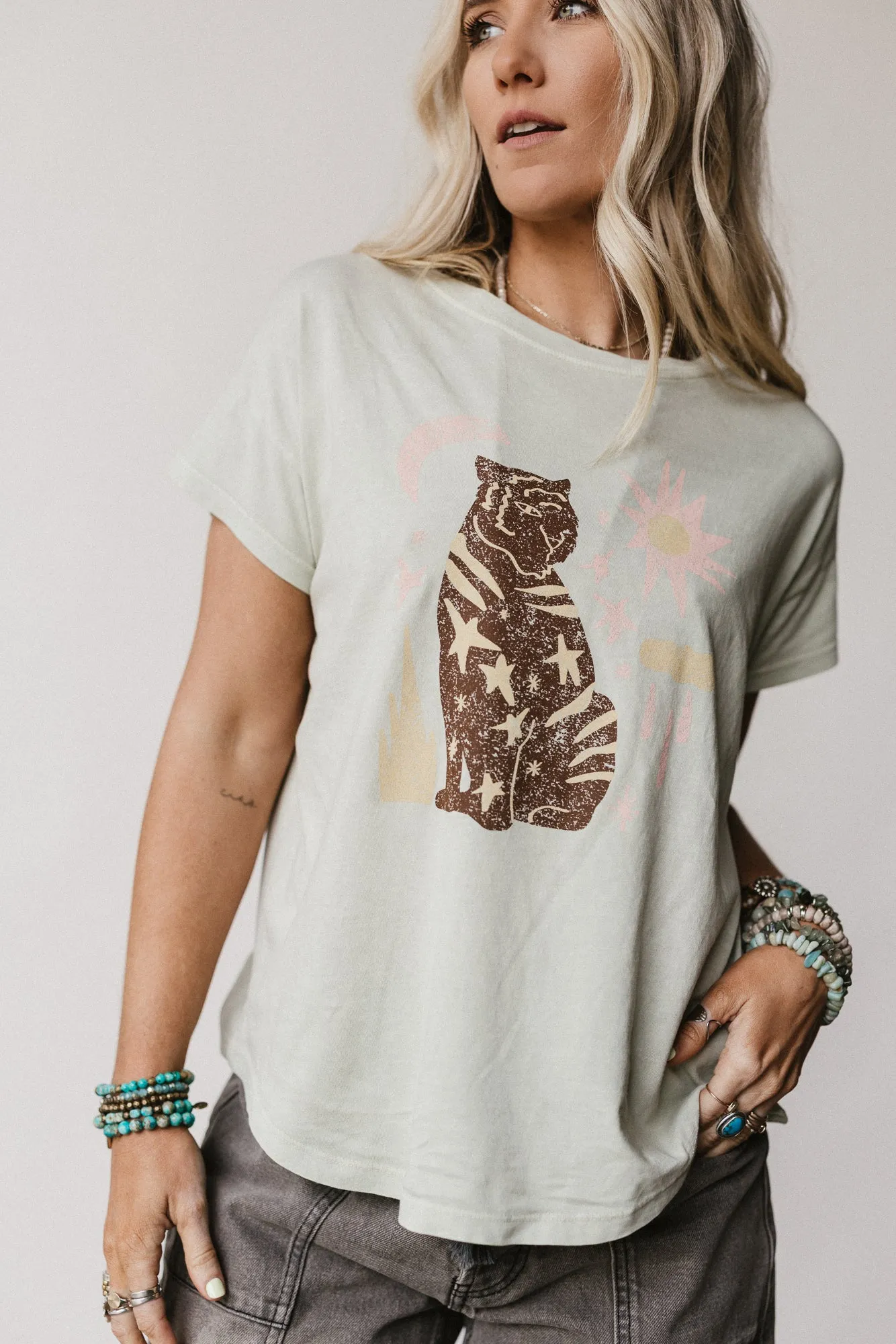 Starry Tiger Graphic Tee - Sage sold by Three Bird Nest