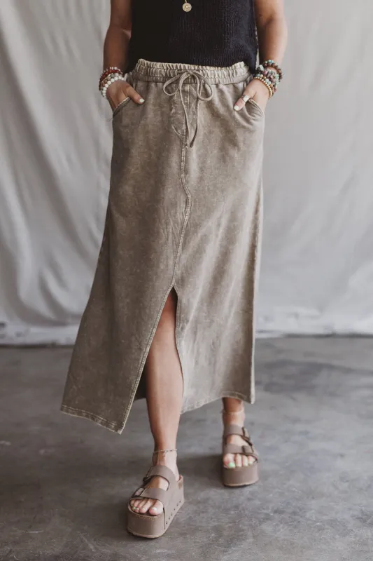 Sunfade Front Slit Maxi Skirt - Mocha made by Zenana