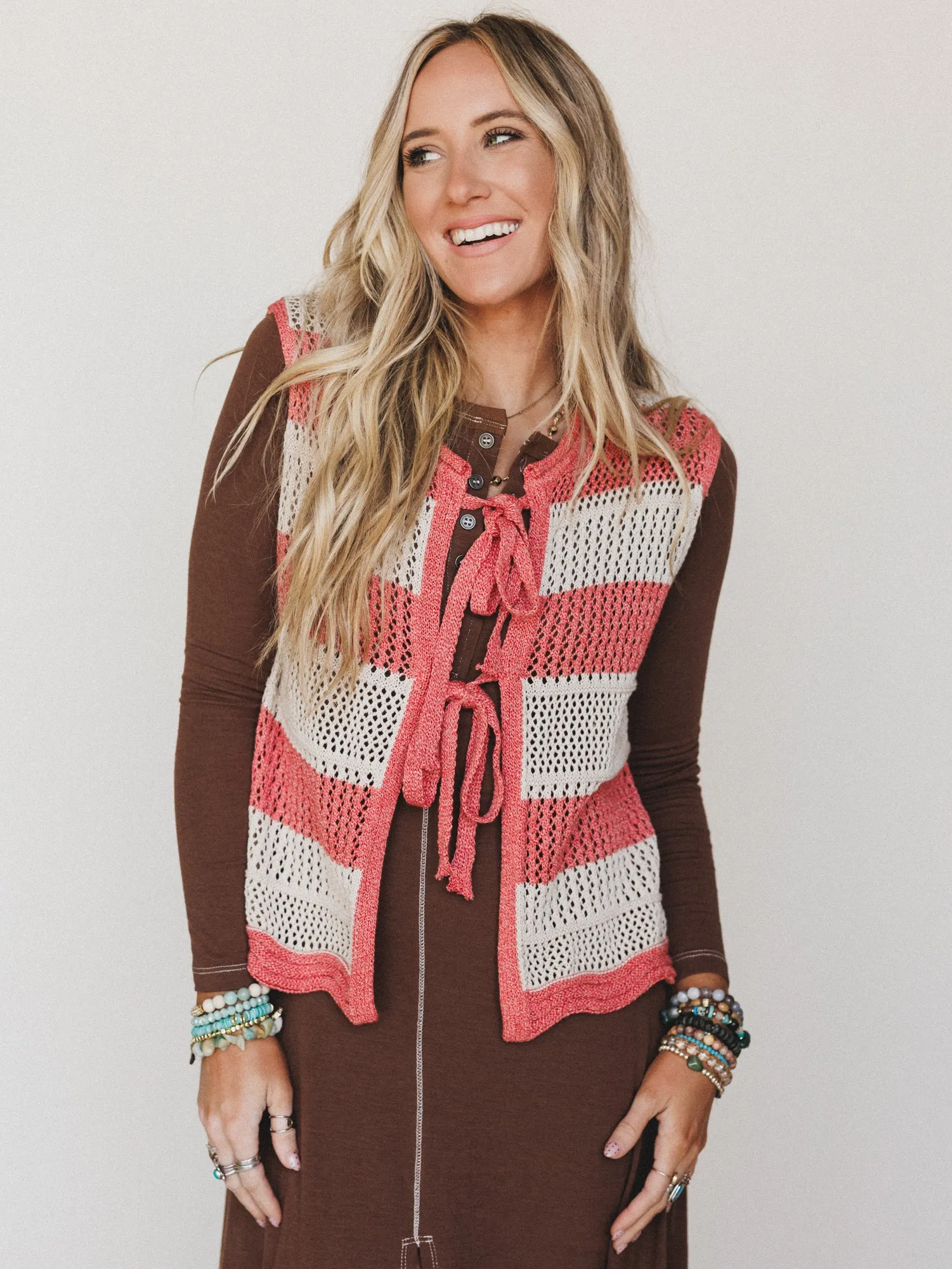 Wave Line Knit Vest - Coral Red sold by Three Bird Nest