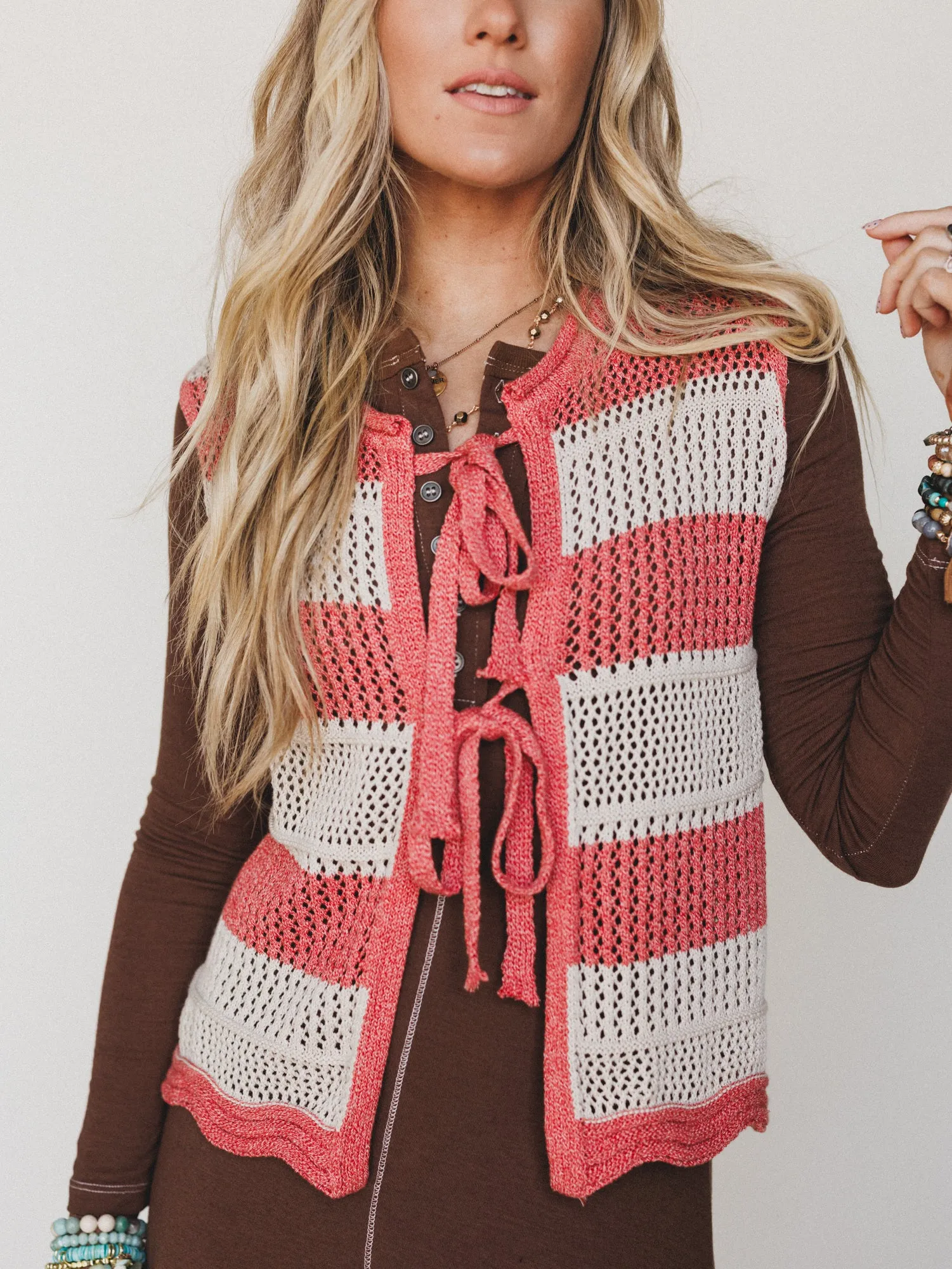 Wave Line Knit Vest - Coral Red sold by Three Bird Nest product image thumbnail 2