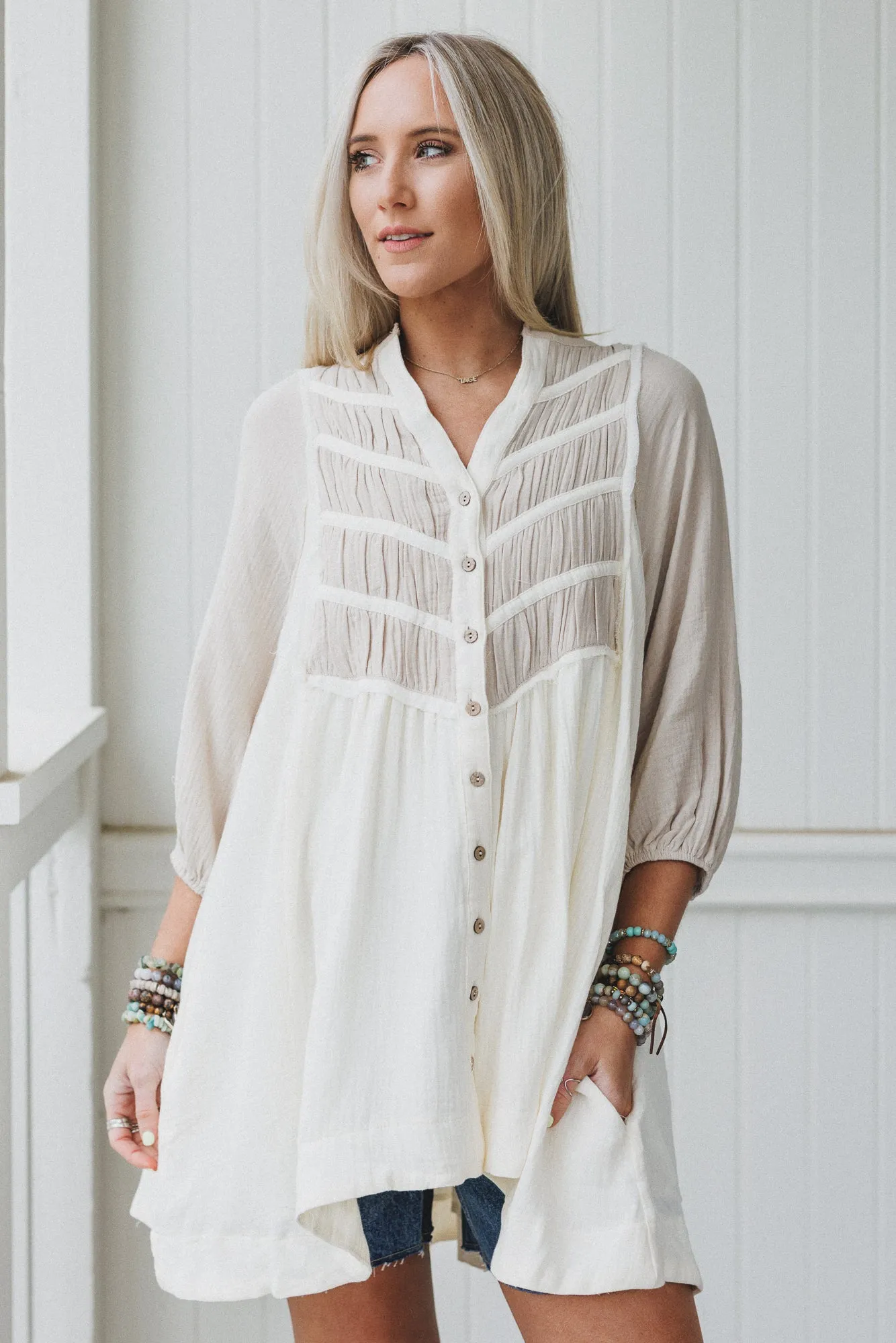 Divided Lines Button Down Tunic - Cream sold by Three Bird Nest product image thumbnail 5