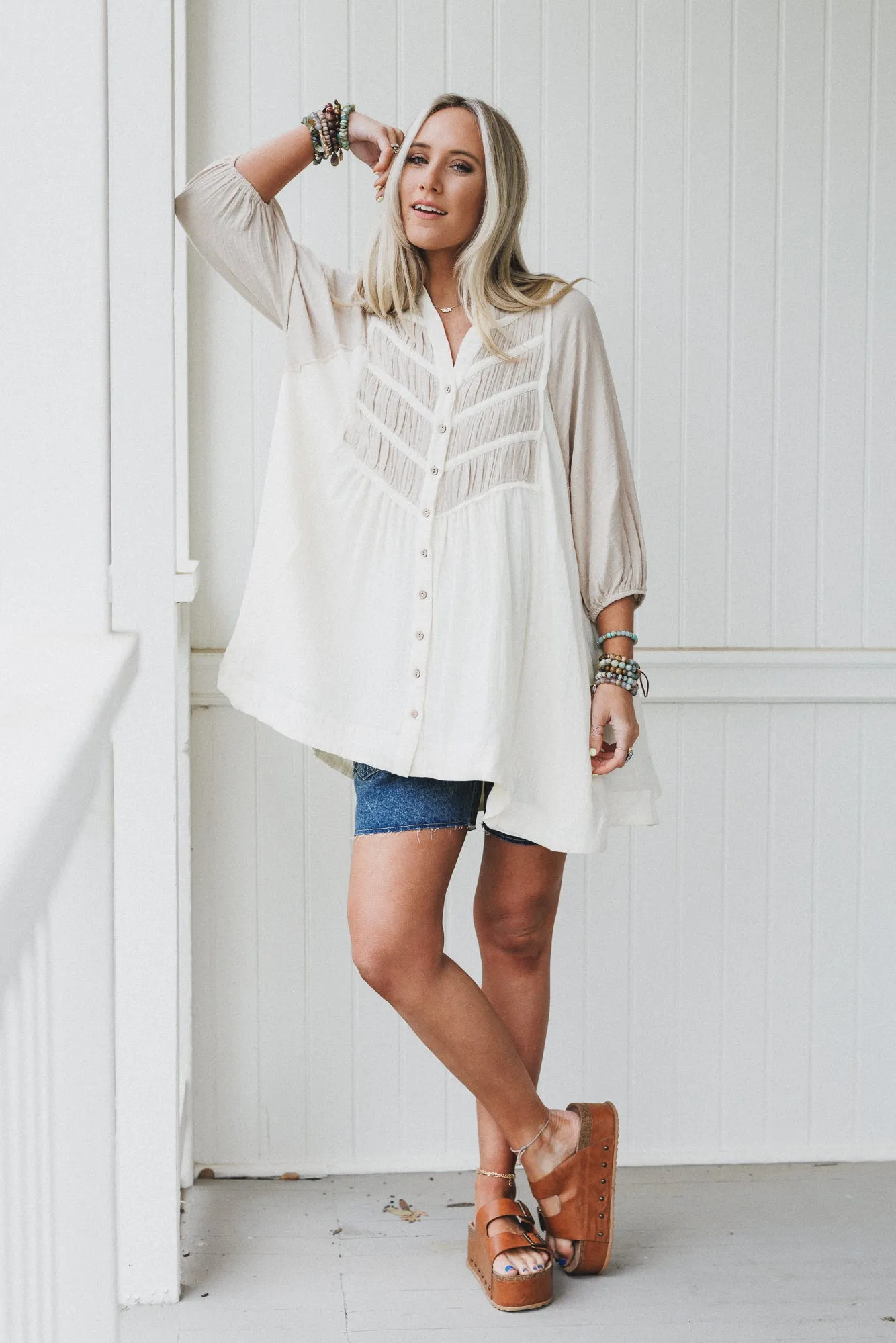 Divided Lines Button Down Tunic - Cream sold by Three Bird Nest