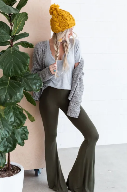 Cher Solid Raw Edge Flare Pant - Olive made by Rock n Rose
