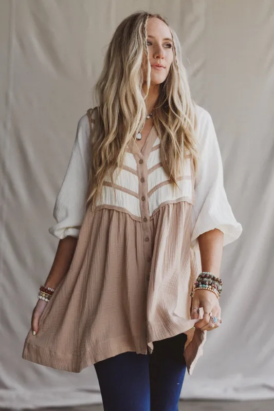 Divided Lines Button Down Tunic - Taupe made by Promesa