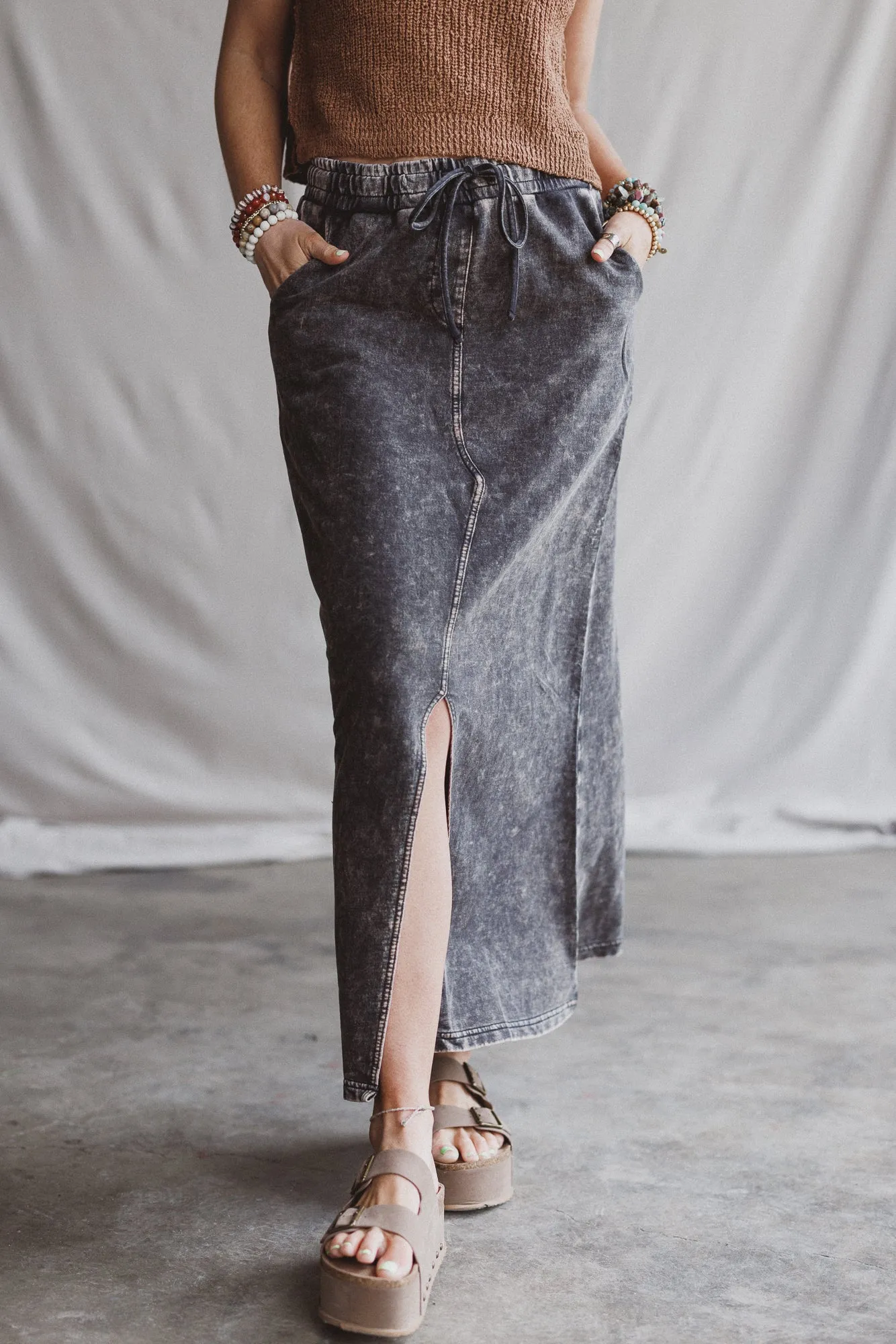 Sunfade Front Slit Maxi Skirt - Black sold by Three Bird Nest