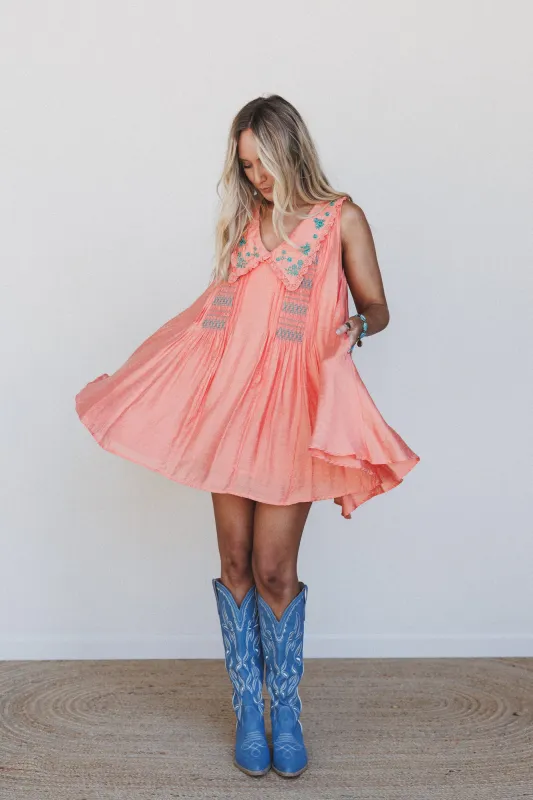Lyona Embroidered Dress - Coral made by Peach Love California