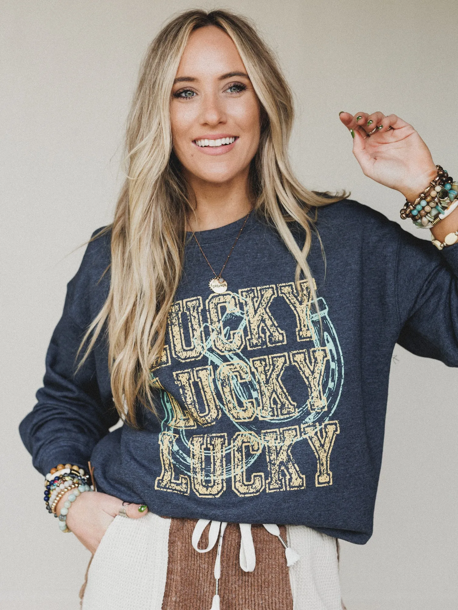 The Nest Lucky Gal Sweatshirt - Dark Heather Gray sold by Three Bird Nest