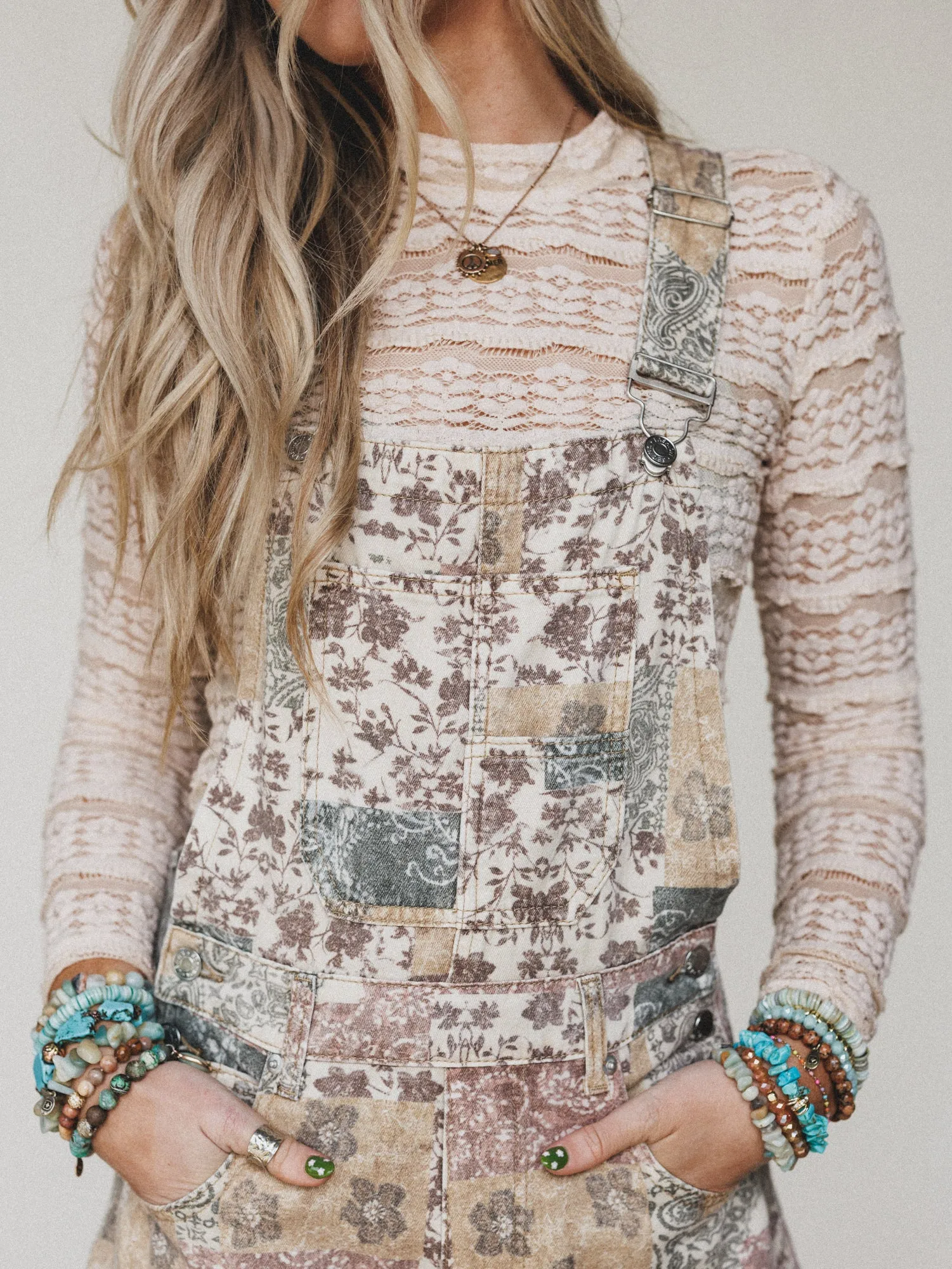 Vintage Boho Denim Overalls - Taupe Multi sold by Three Bird Nest product image thumbnail 2