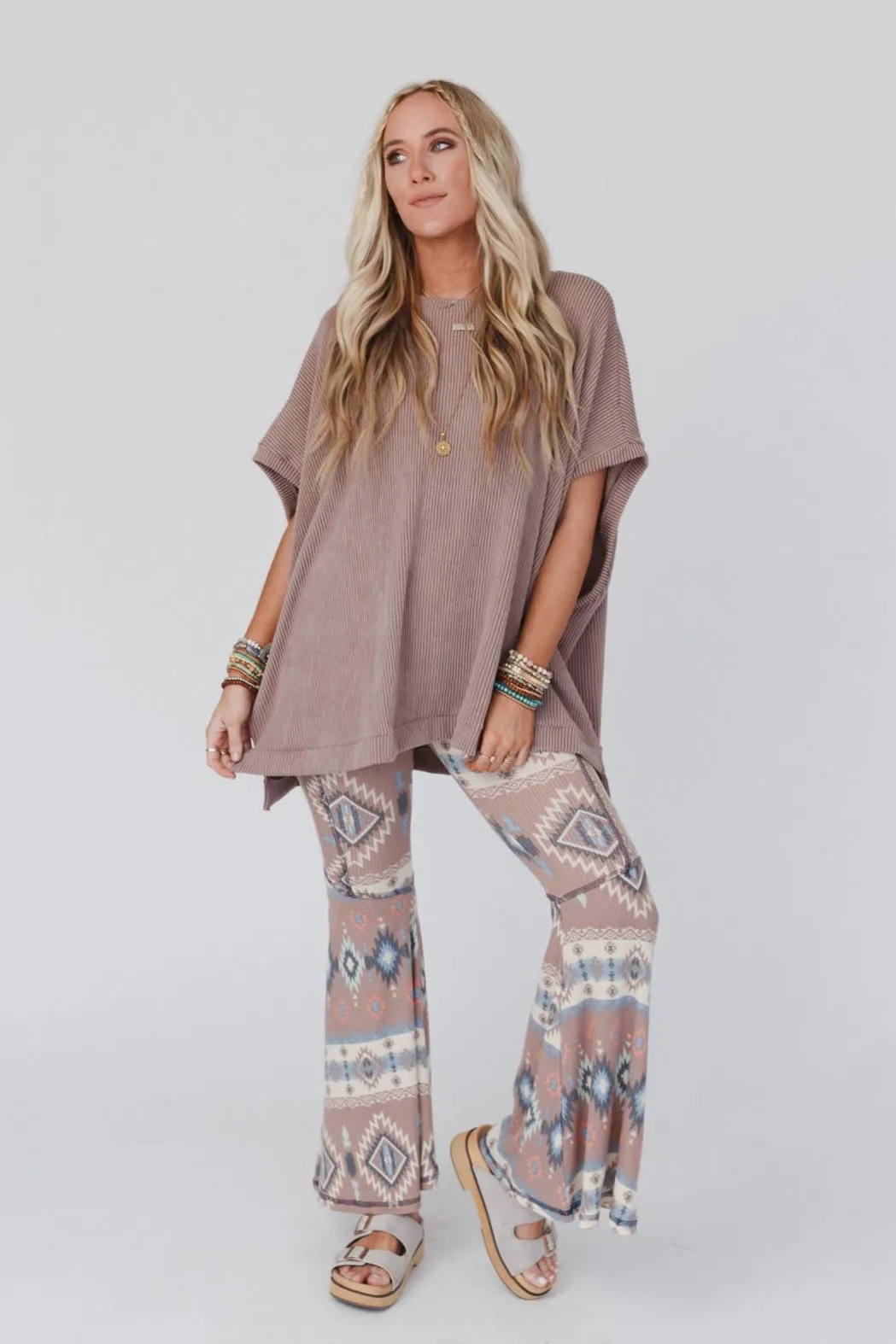 The Nest Boho Bliss Ribbed Flare Pants - Taupe sold by Three Bird Nest product image thumbnail 2