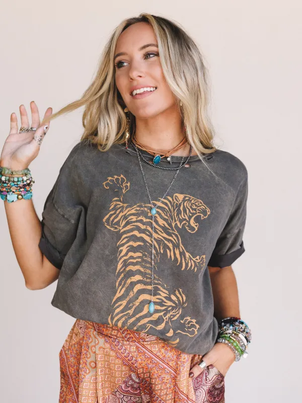 Wild Moves Tiger Graphic Tee - Charcoal sold by Three Bird Nest