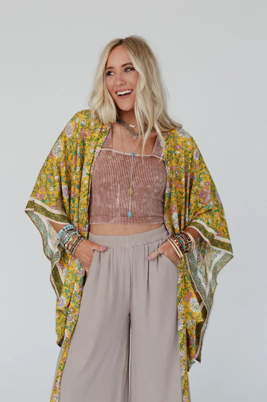 Flower Daze Front Tie Kimono - Mustard made by Three Bird Nest