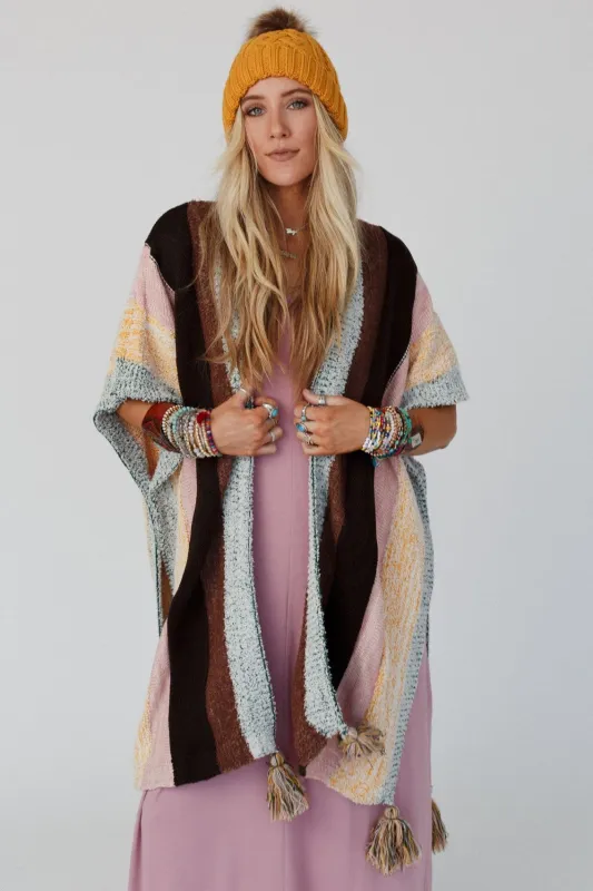 Wandering Soul Striped Tassel Ruana - Yellow made by Three Bird Nest