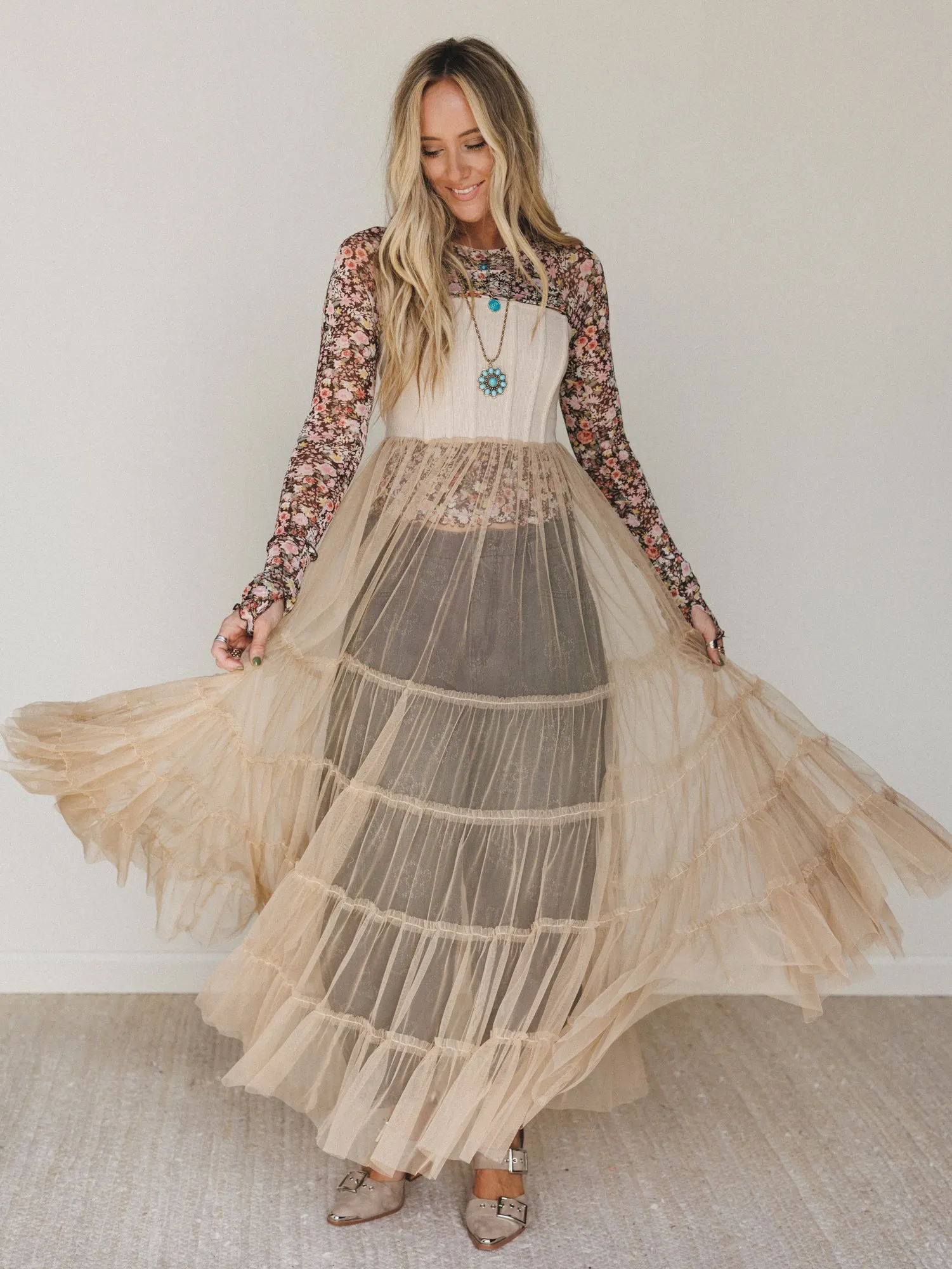 Blush Affair Tulle Maxi Dress - Sand sold by Three Bird Nest