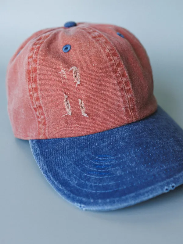Distressed Baseball Cap Dad Hat
 - Two Tone Orange Blue made by Three Bird Nest