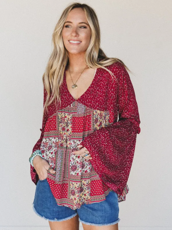 The Nest Brea Mixed Print Top - Burgundy made by Three Bird Nest