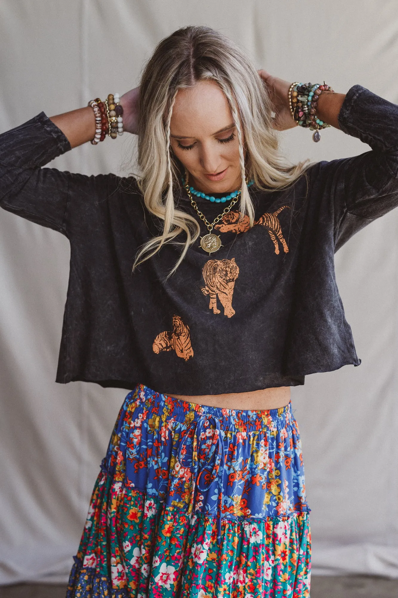 Tigers In Motion Graphic Top - Charcoal sold by Three Bird Nest