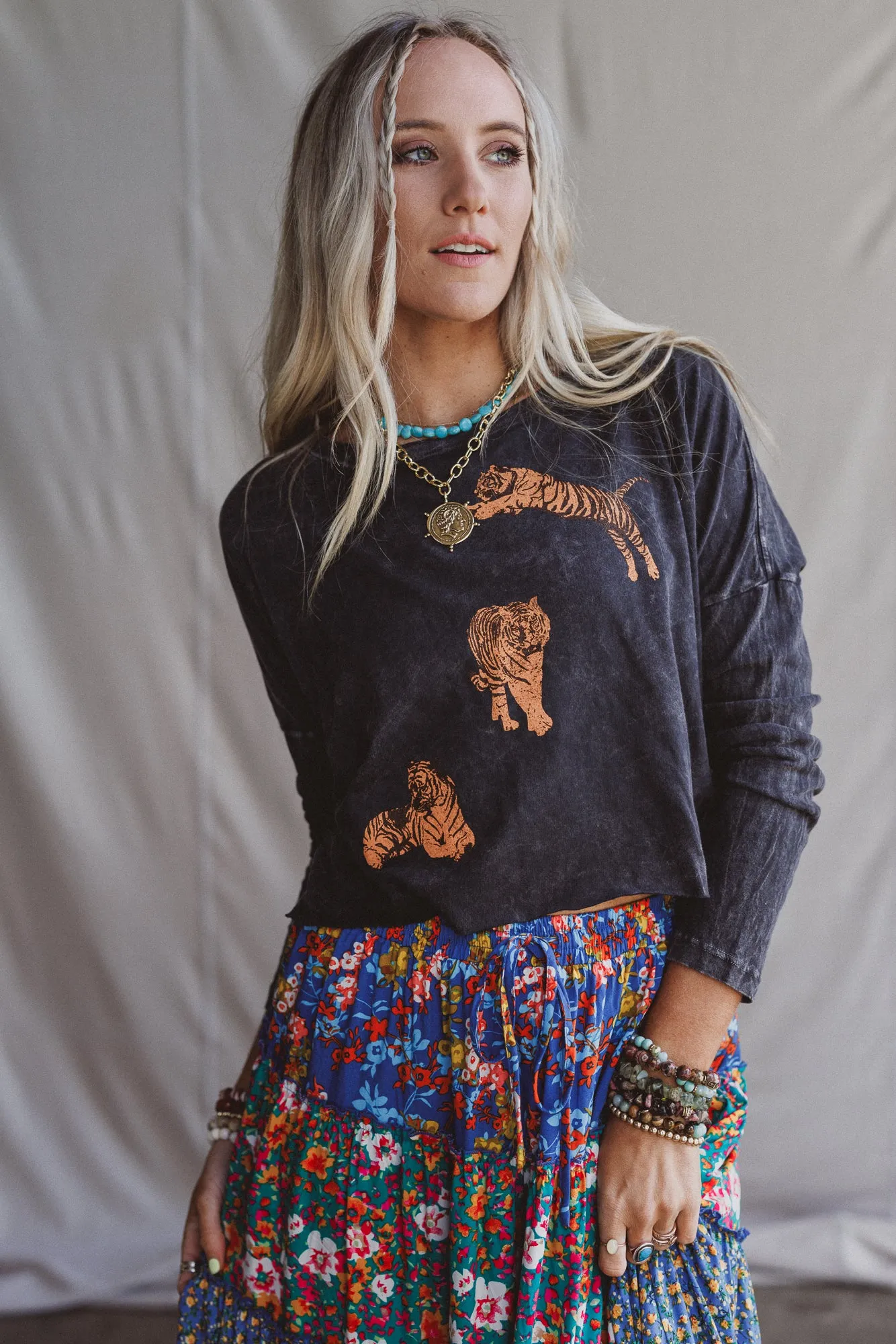 Tigers In Motion Graphic Top - Charcoal sold by Three Bird Nest product image thumbnail 3