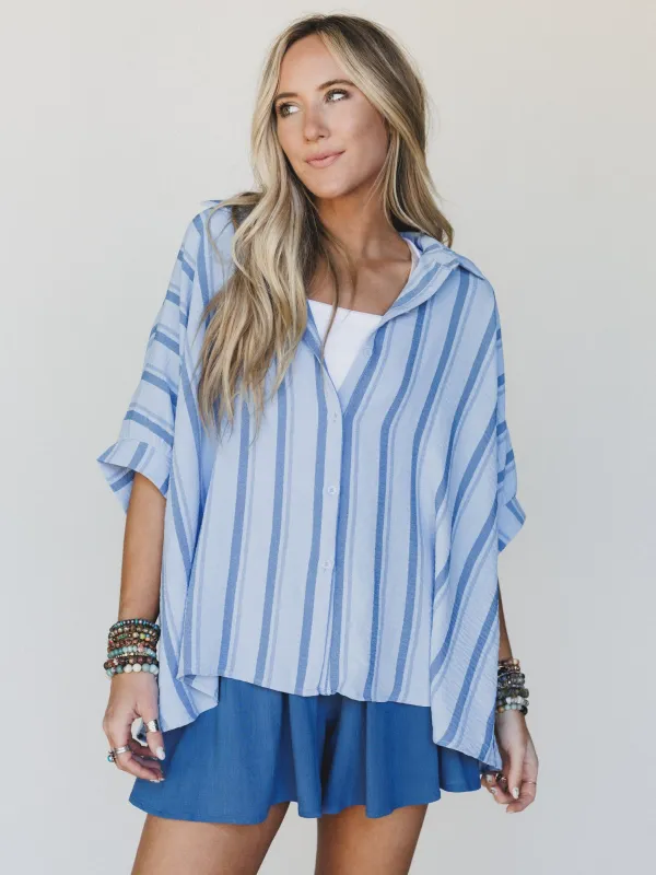 Stripes Above Button Up Top - Blue made by Zenana