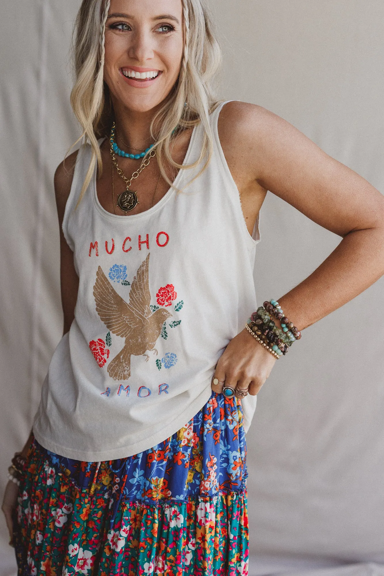 Doves Embrace Graphic Tank Top - White sold by Three Bird Nest
