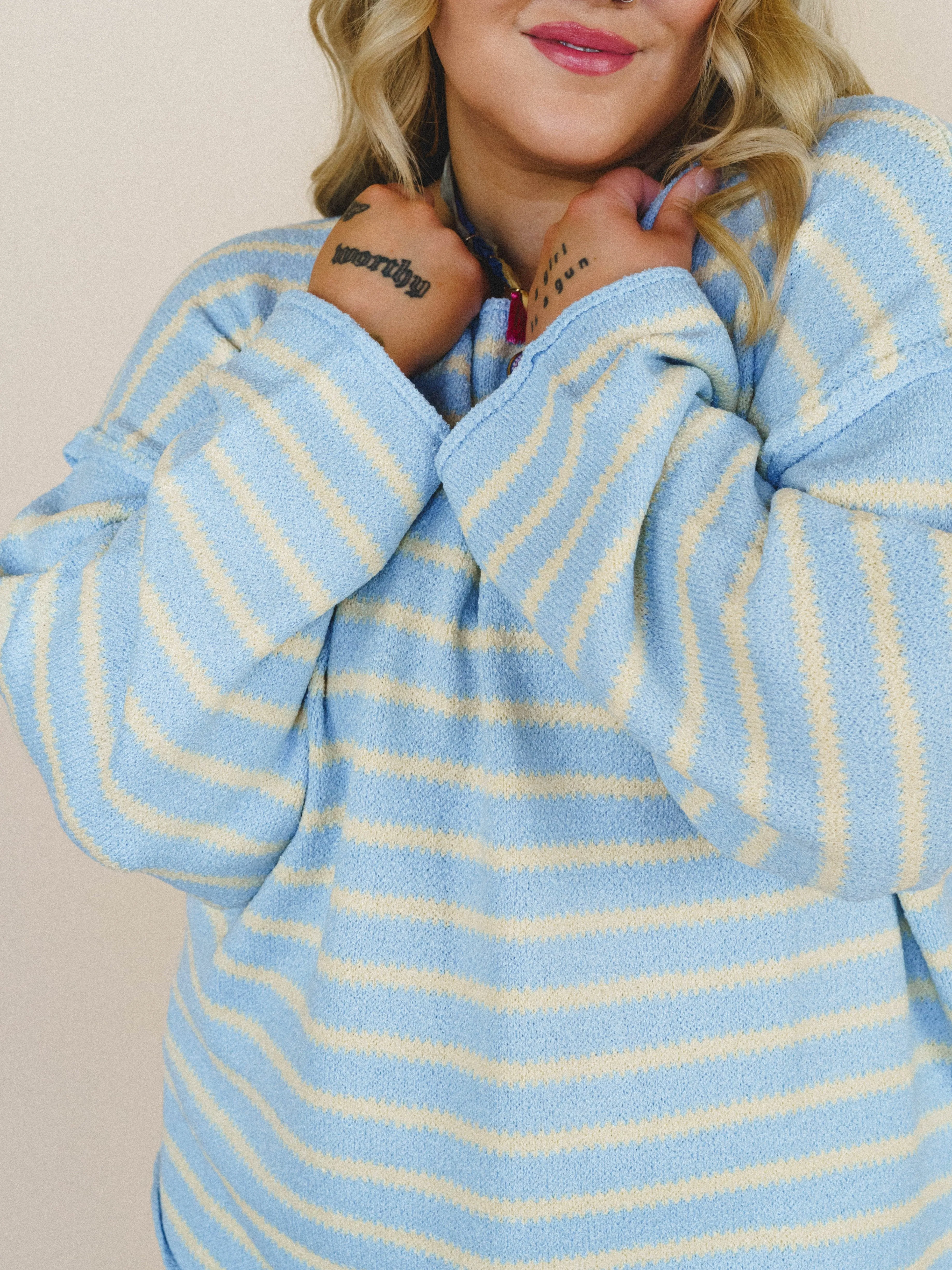 All My Stripes Oversized Sweater - Chambray Butter sold by Three Bird Nest product image thumbnail 4