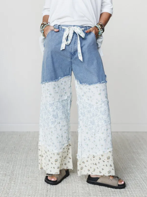 Camo Meets Plaid Wide Leg Pants - Light Denim Multi made by Three Bird Nest