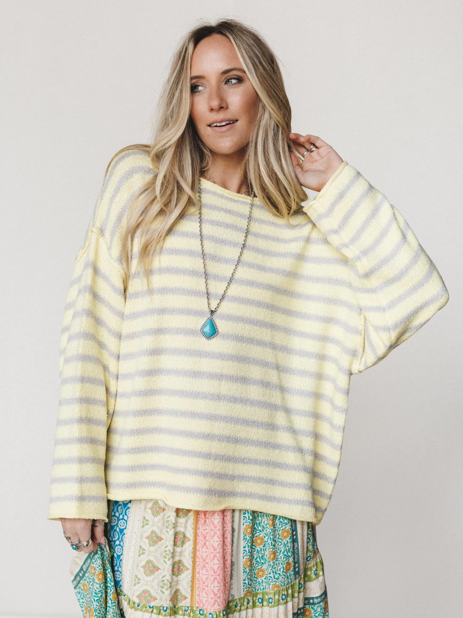 All My Stripes Oversized Sweater - Misted Yellow Icey Grey sold by Three Bird Nest