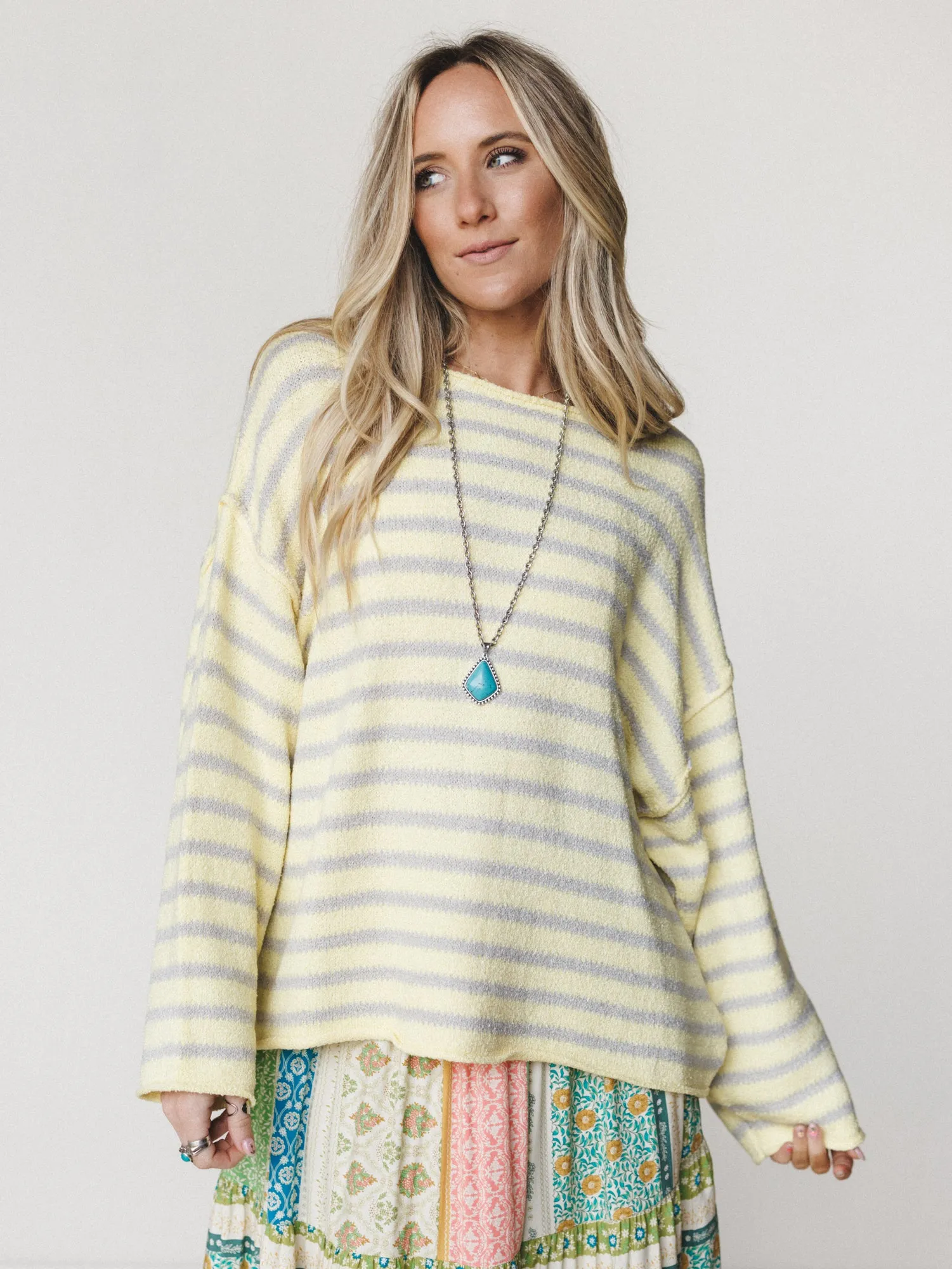 All My Stripes Oversized Sweater - Misted Yellow Icey Grey sold by Three Bird Nest product image thumbnail 4