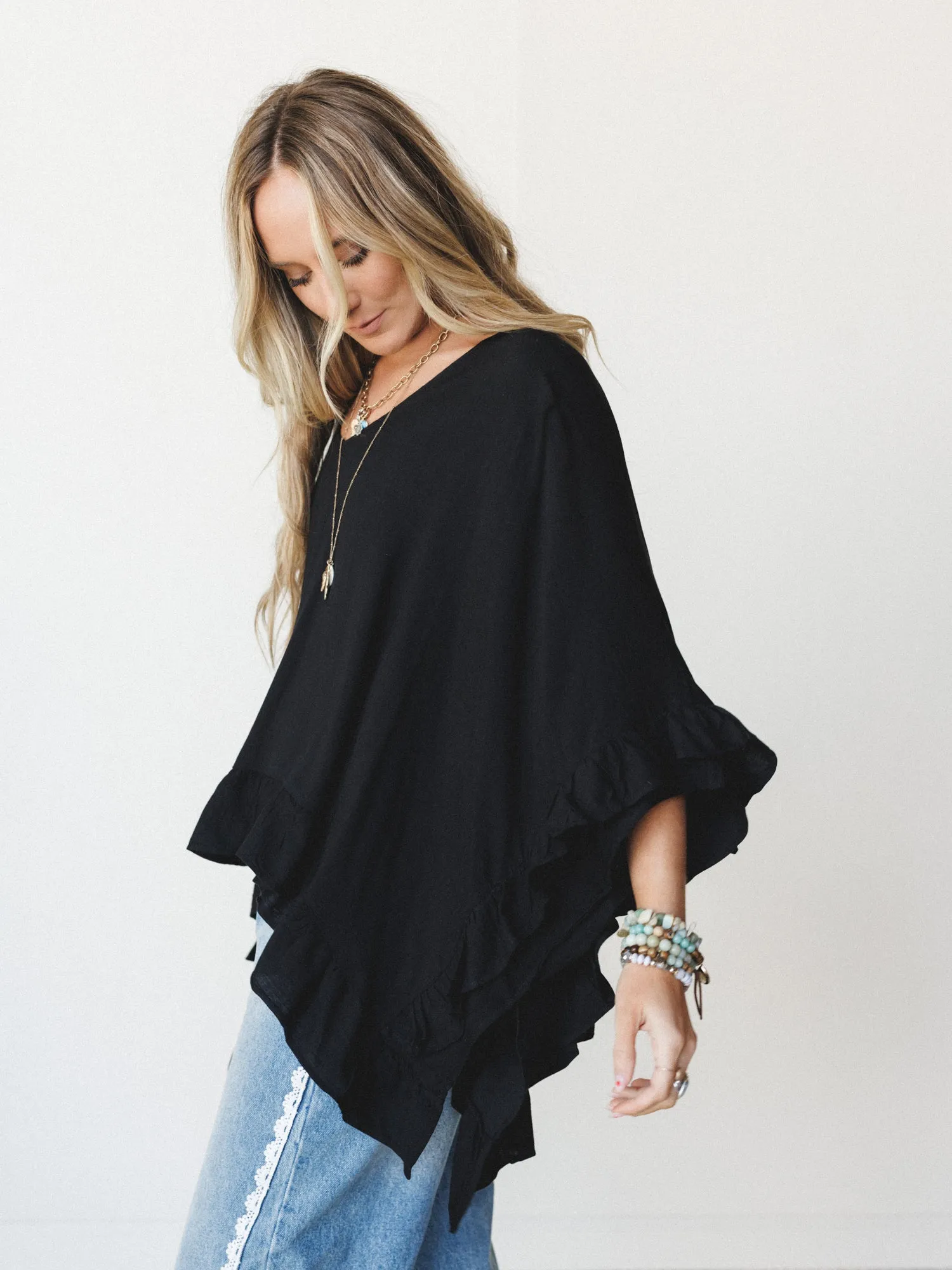 The Nest Let Me Ruffled Poncho Top - Black sold by Three Bird Nest product image thumbnail 4