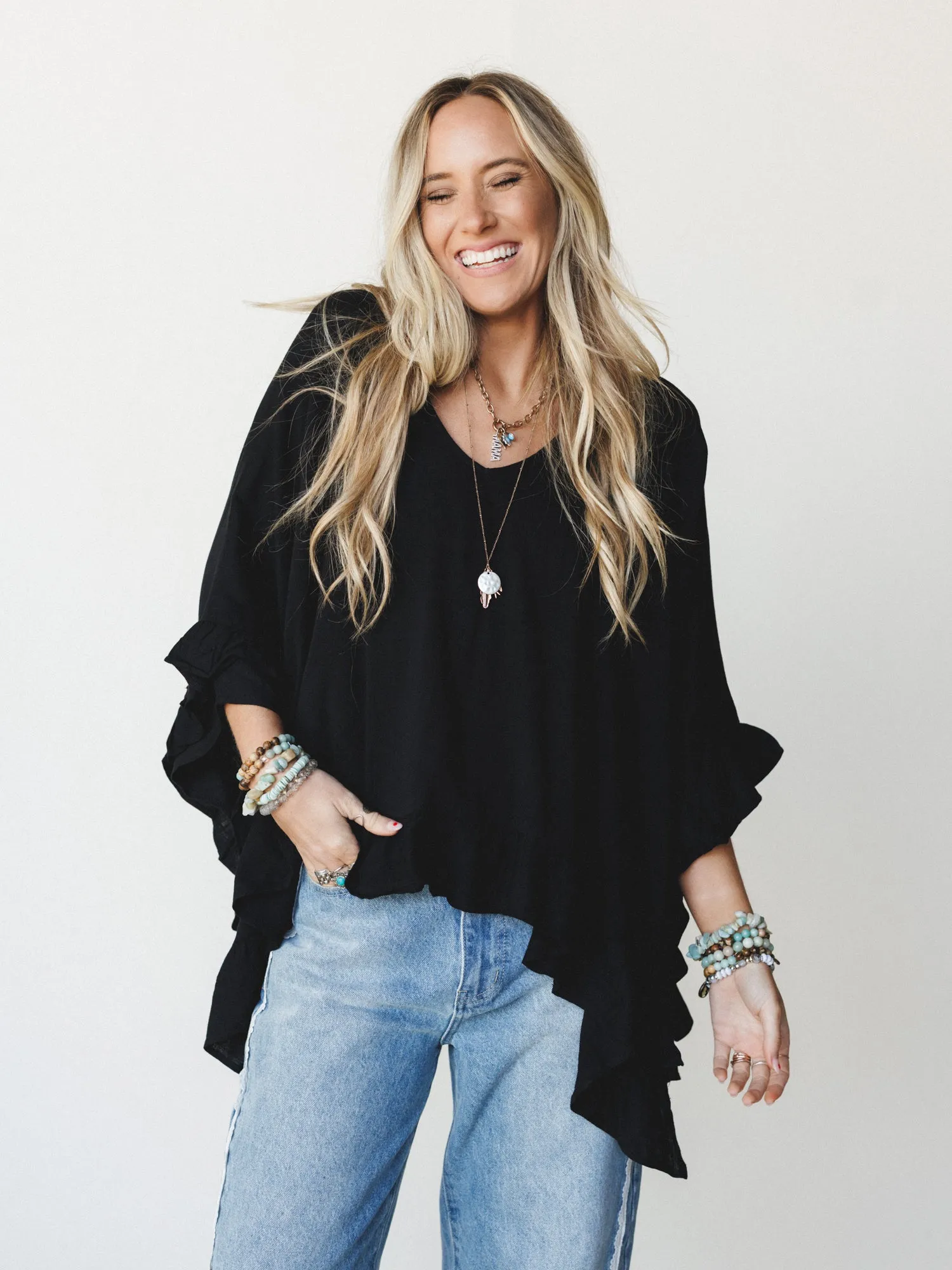 The Nest Let Me Ruffled Poncho Top - Black sold by Three Bird Nest product image thumbnail 2