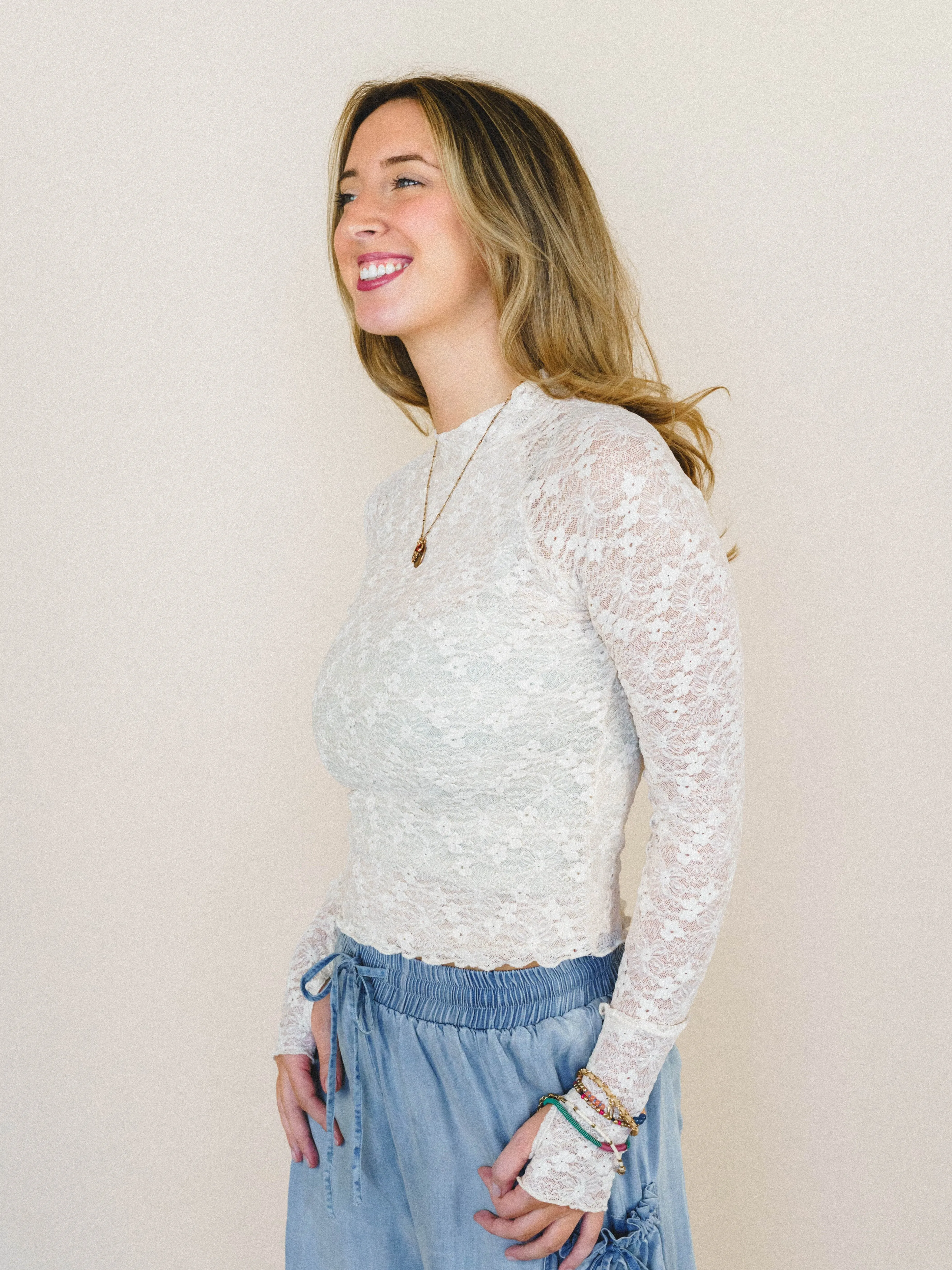 Lace Crush Long Sleeve Top - Cream sold by Three Bird Nest product image thumbnail 2