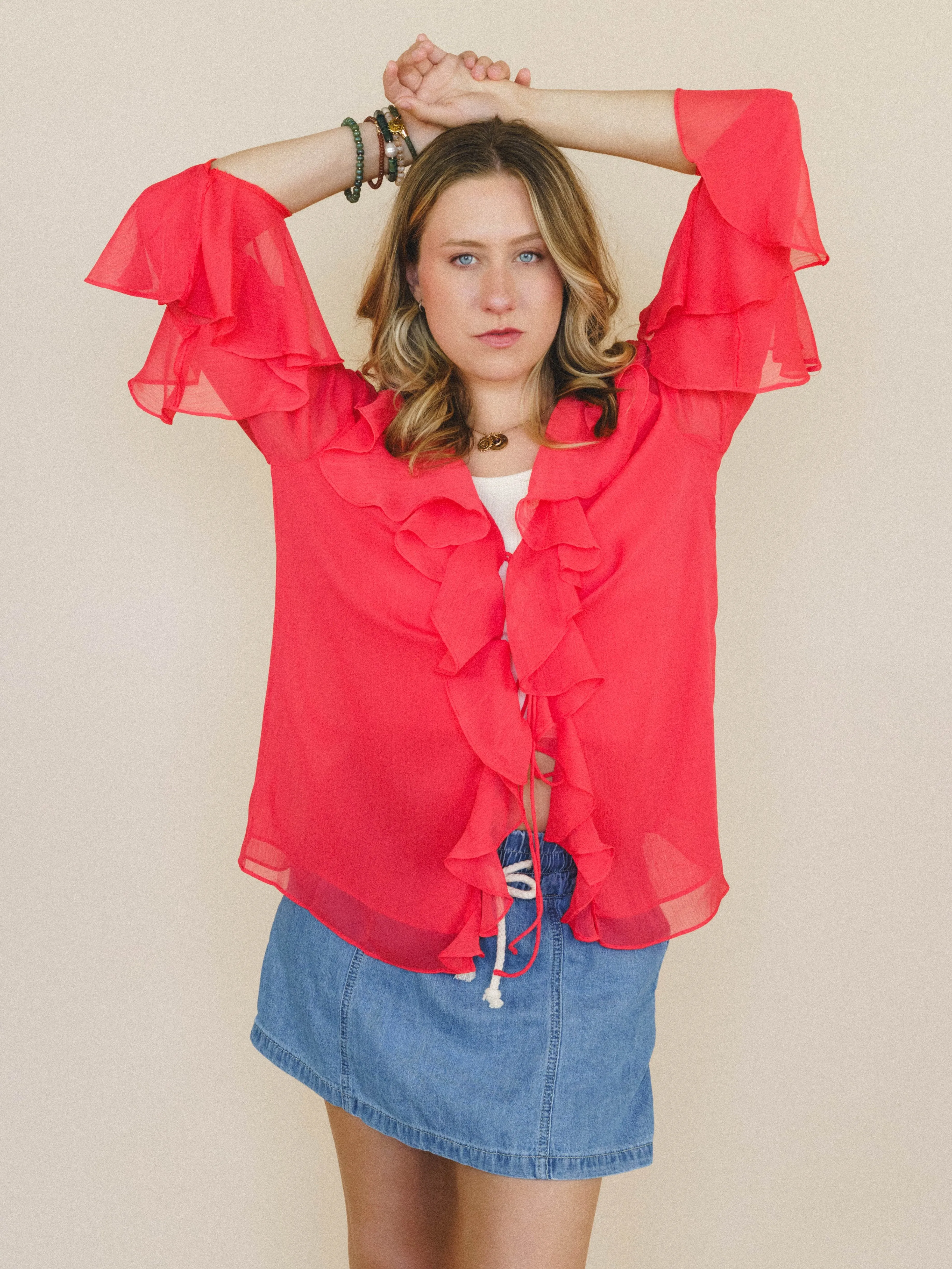 Ginger Rose Ruffle Blouse - Red Orange sold by Three Bird Nest