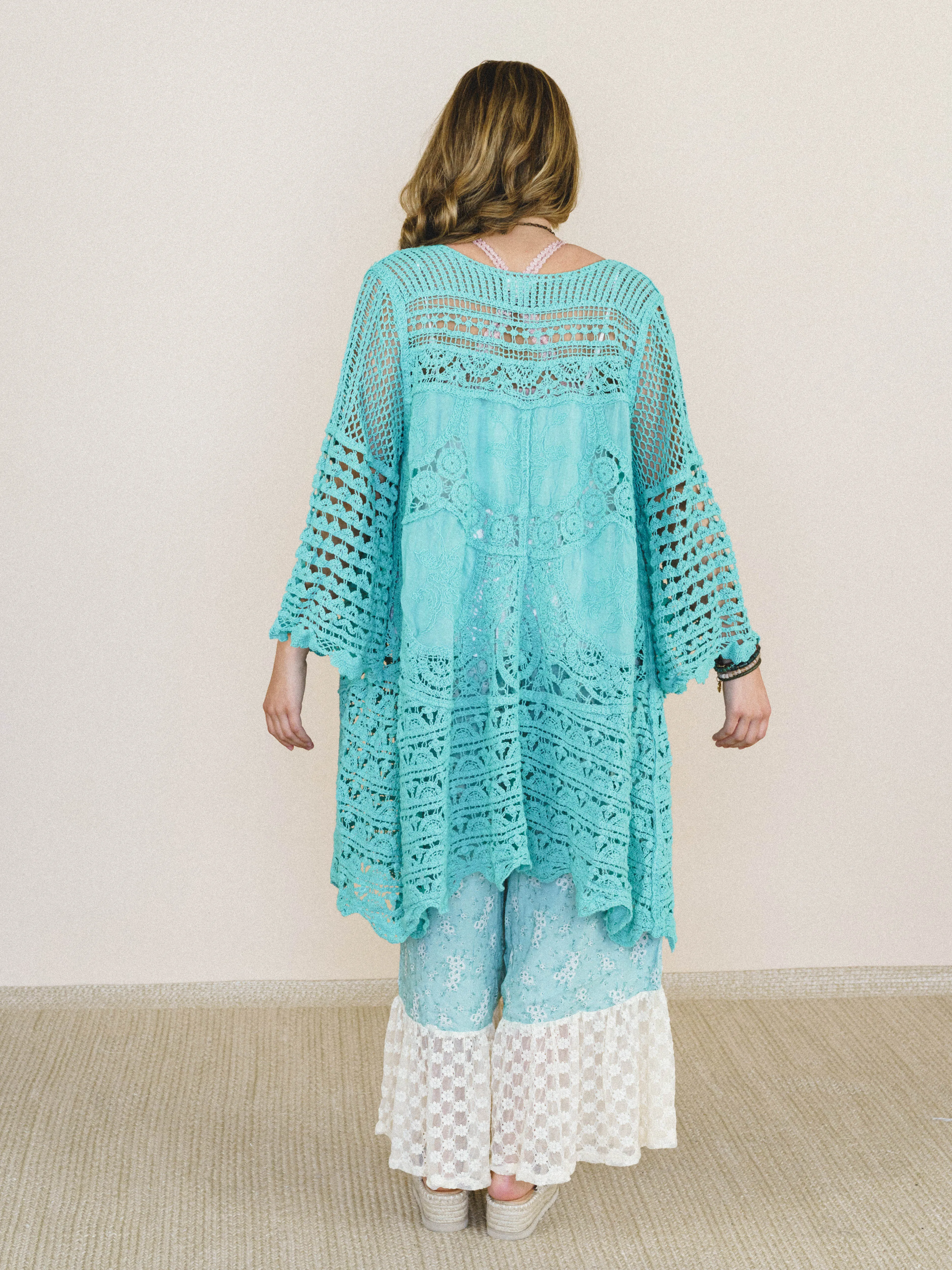 Crochet Duster Kimono - Aqua Teal sold by Three Bird Nest product image thumbnail 4