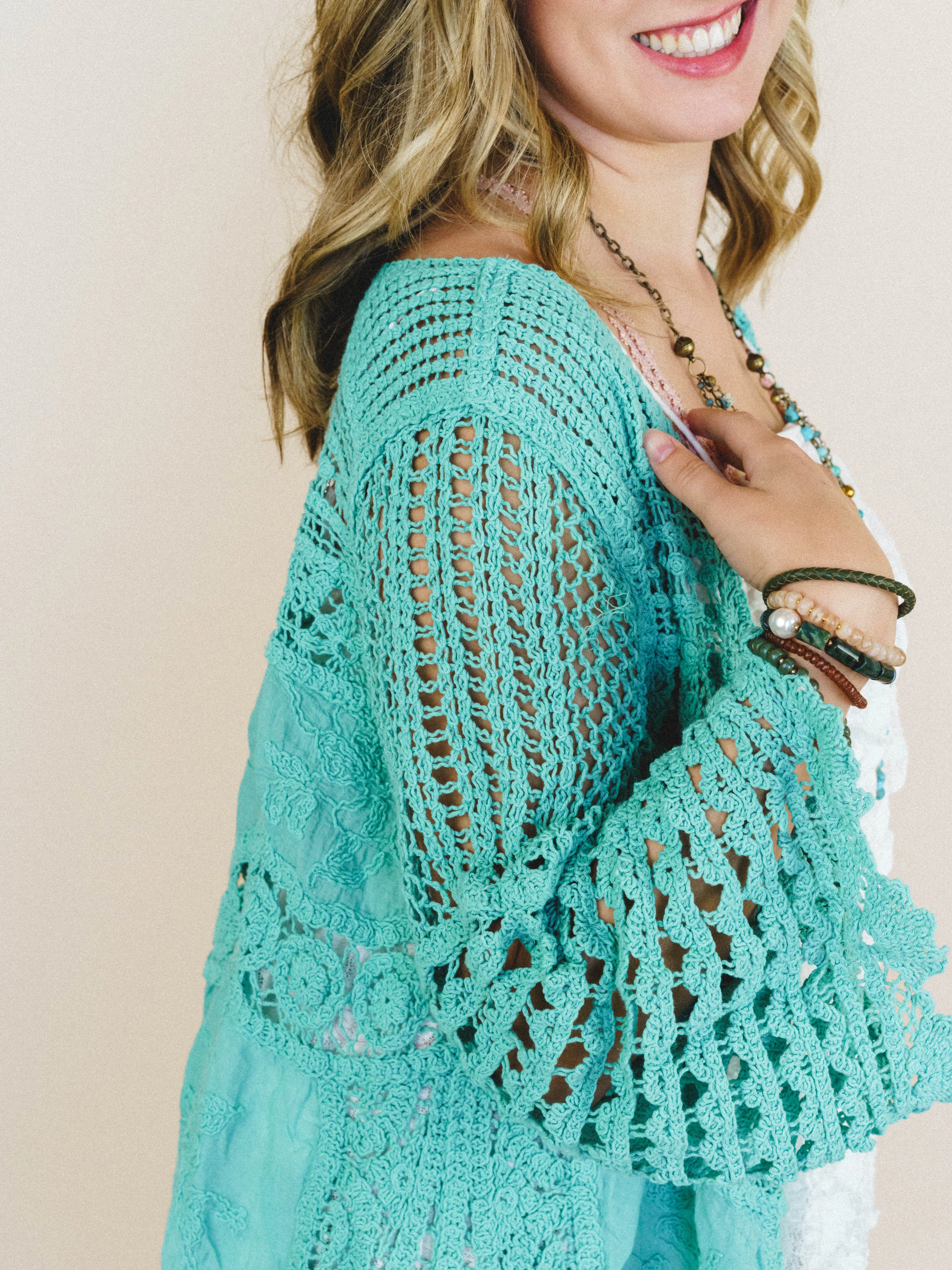 Crochet Duster Kimono - Aqua Teal sold by Three Bird Nest product image thumbnail 2