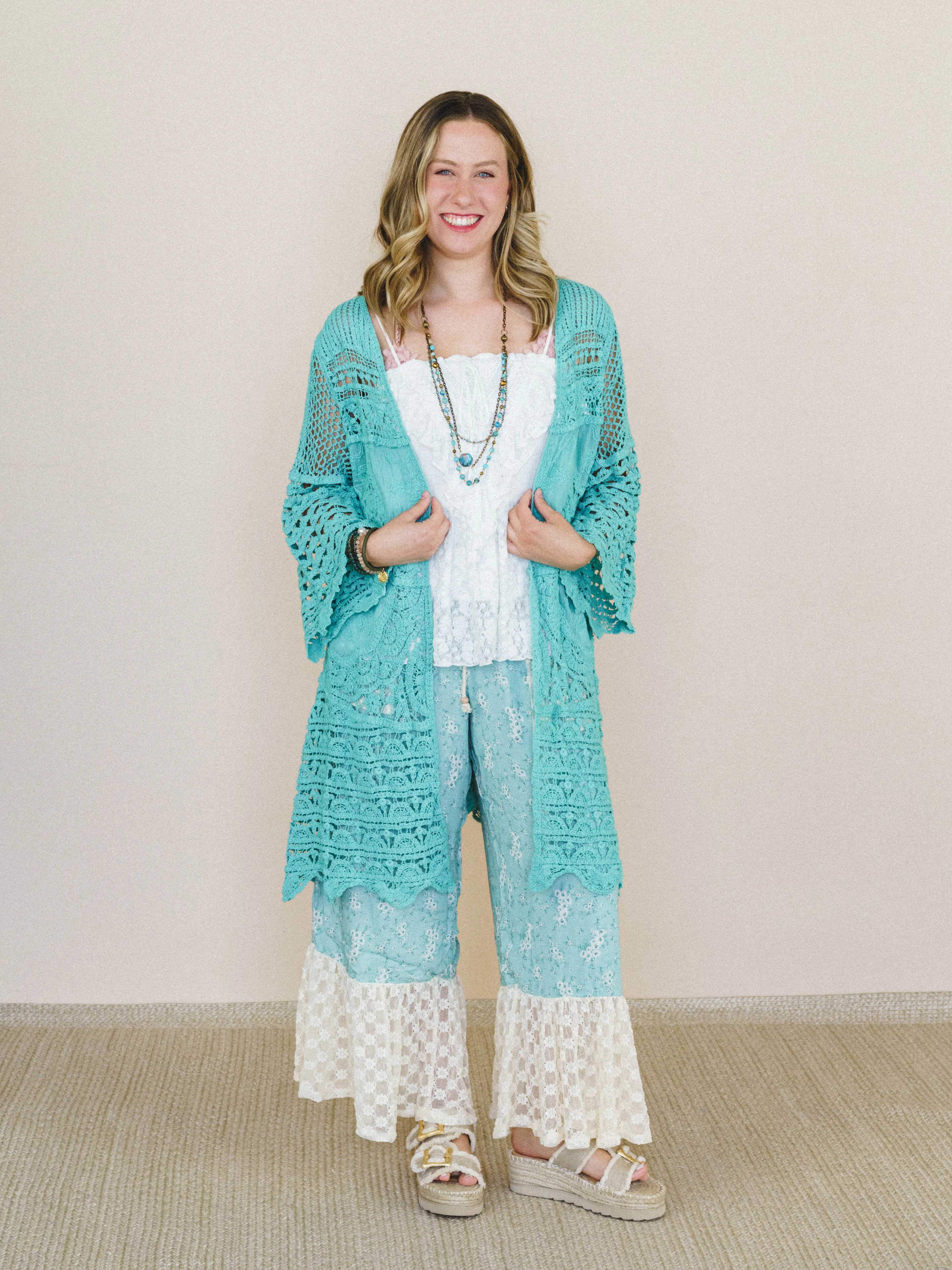 Crochet Duster Kimono - Aqua Teal sold by Three Bird Nest