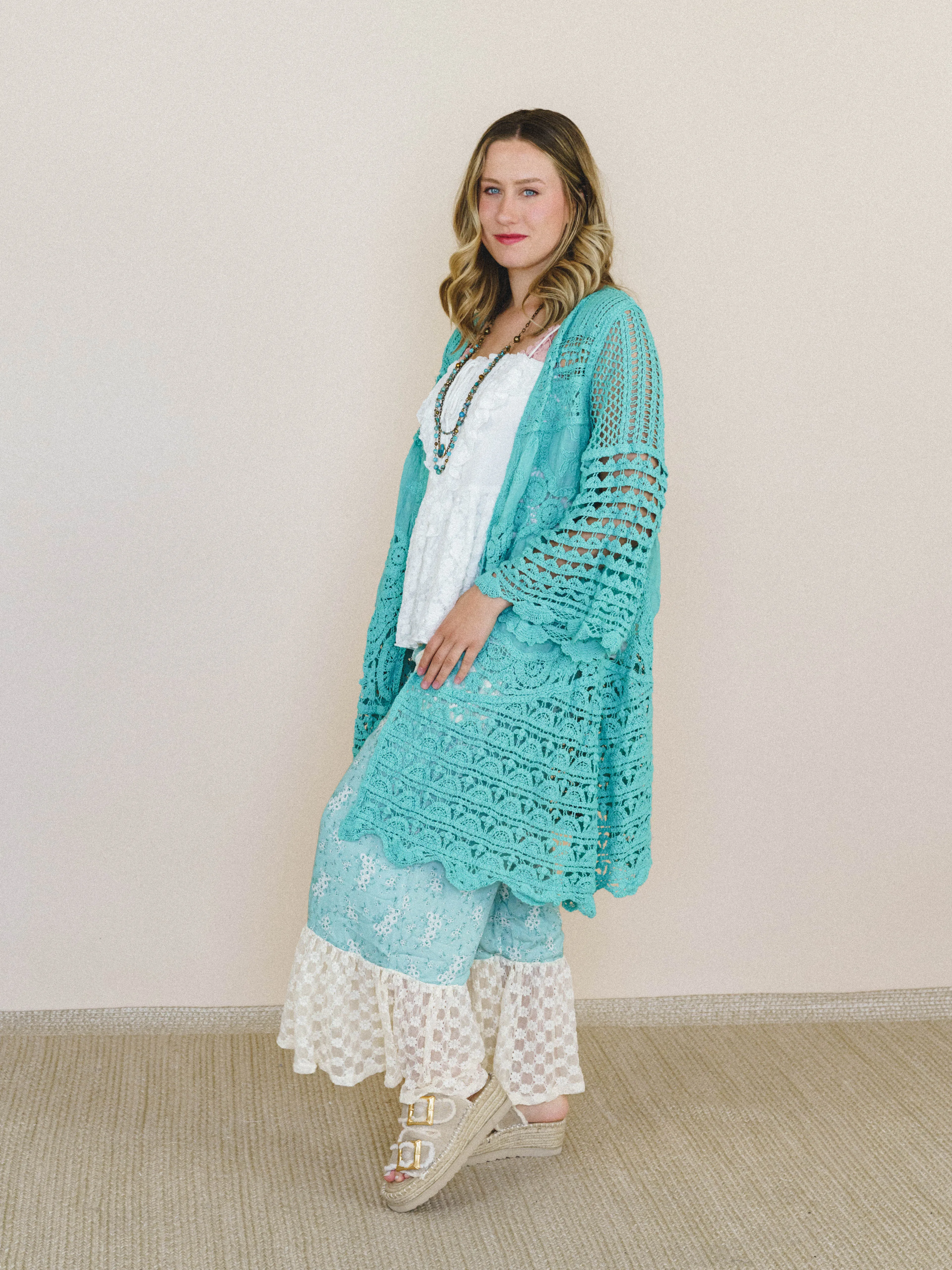 Crochet Duster Kimono - Aqua Teal sold by Three Bird Nest product image thumbnail 3