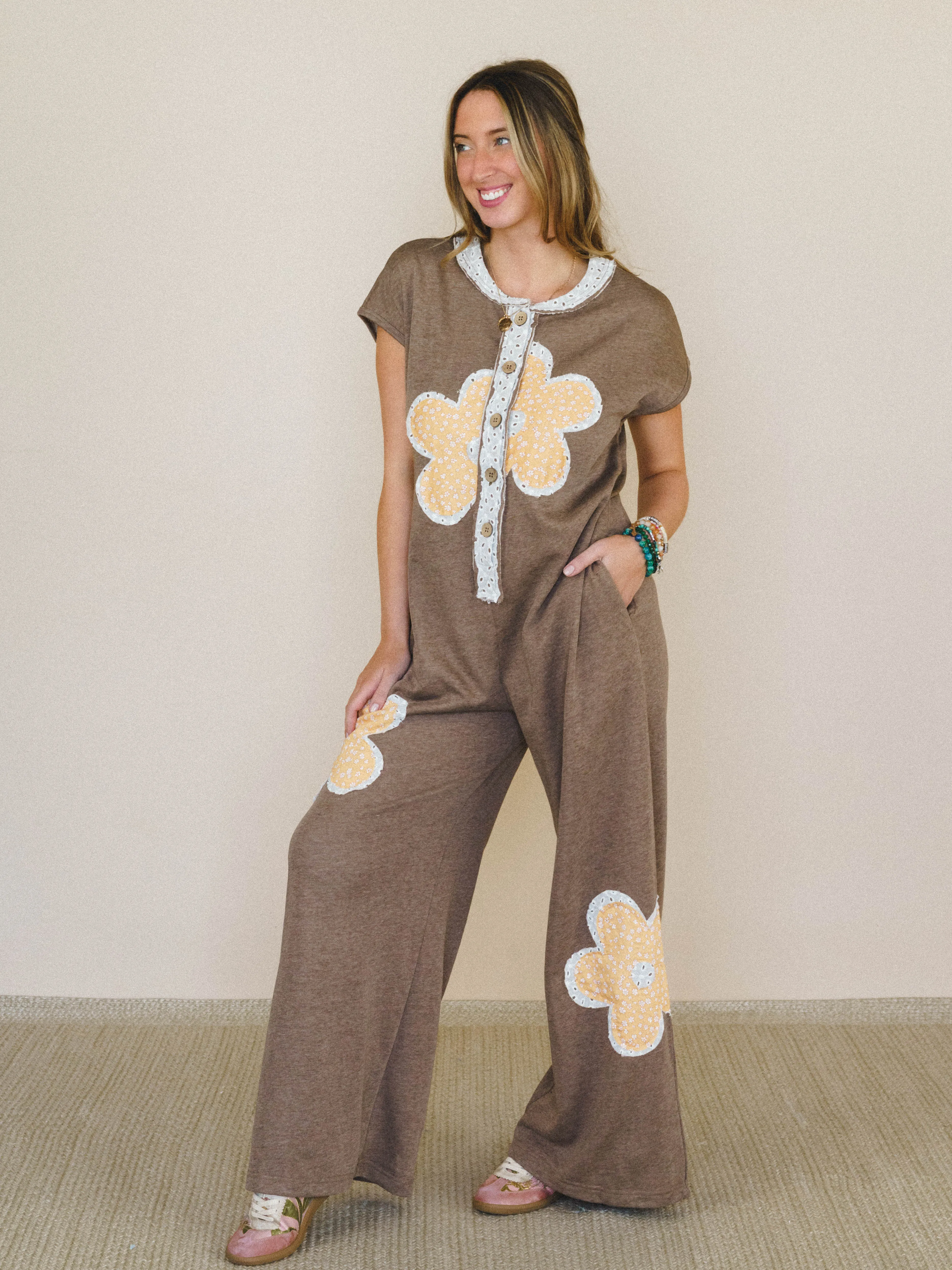 Flower Steps Jumpsuit - Mocha sold by Three Bird Nest