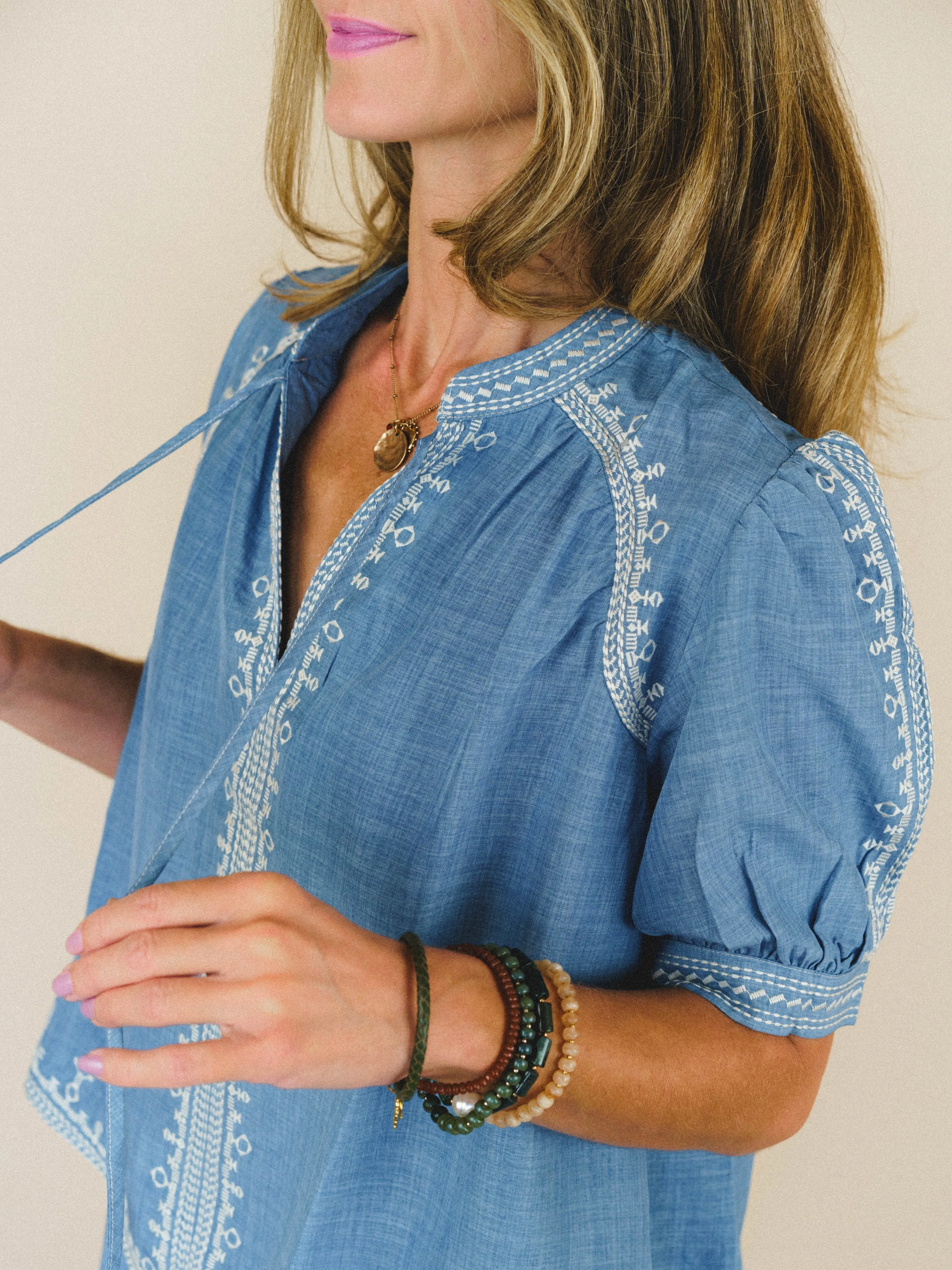 Doxi Embroidered Denim Blouse - Denim sold by Three Bird Nest product image thumbnail 4