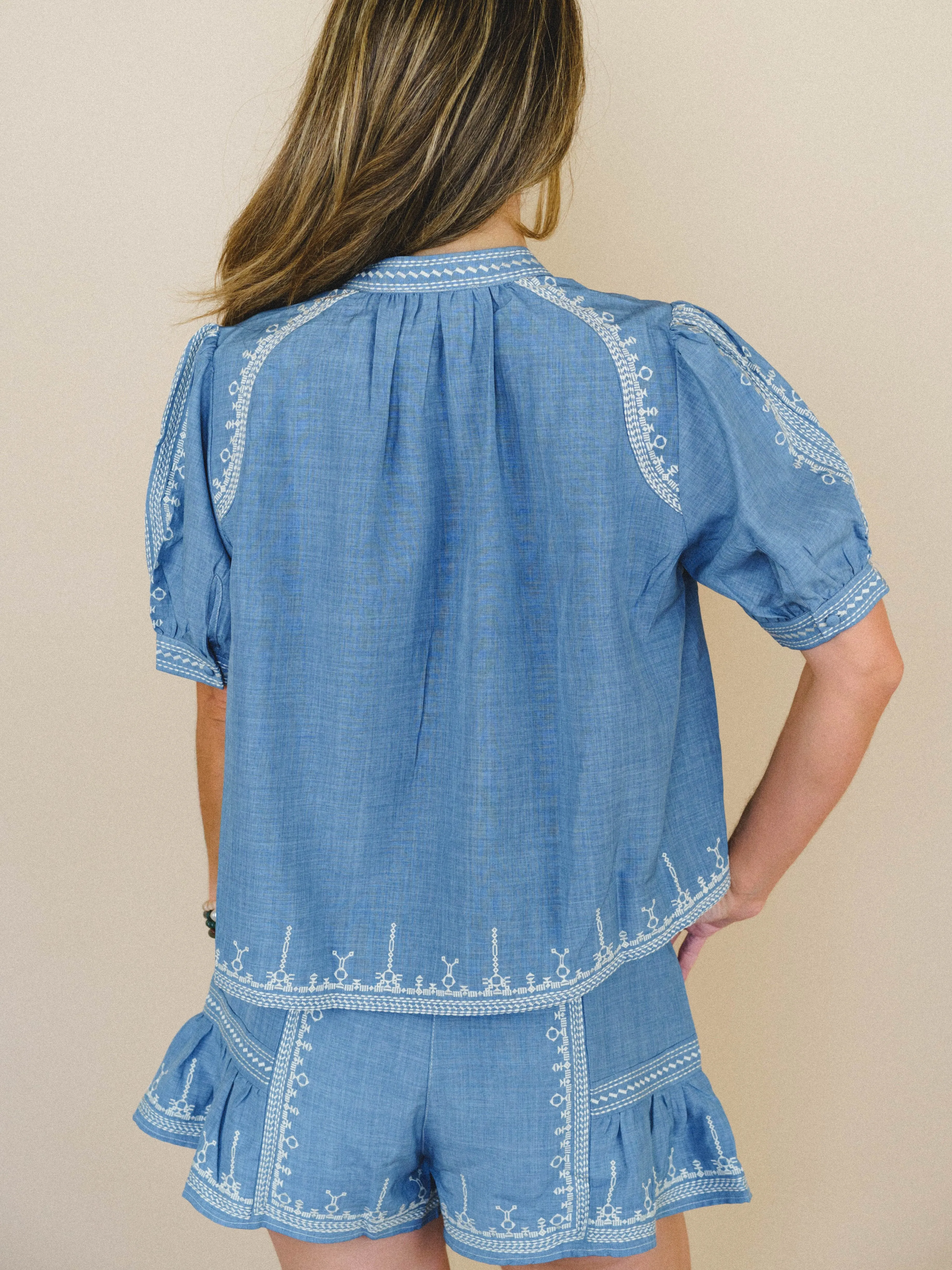 Doxi Embroidered Denim Blouse - Denim sold by Three Bird Nest product image thumbnail 2