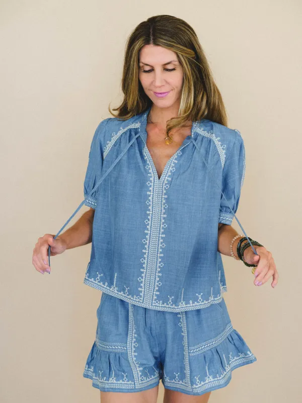 Doxi Embroidered Denim Blouse - Denim made by Listicle