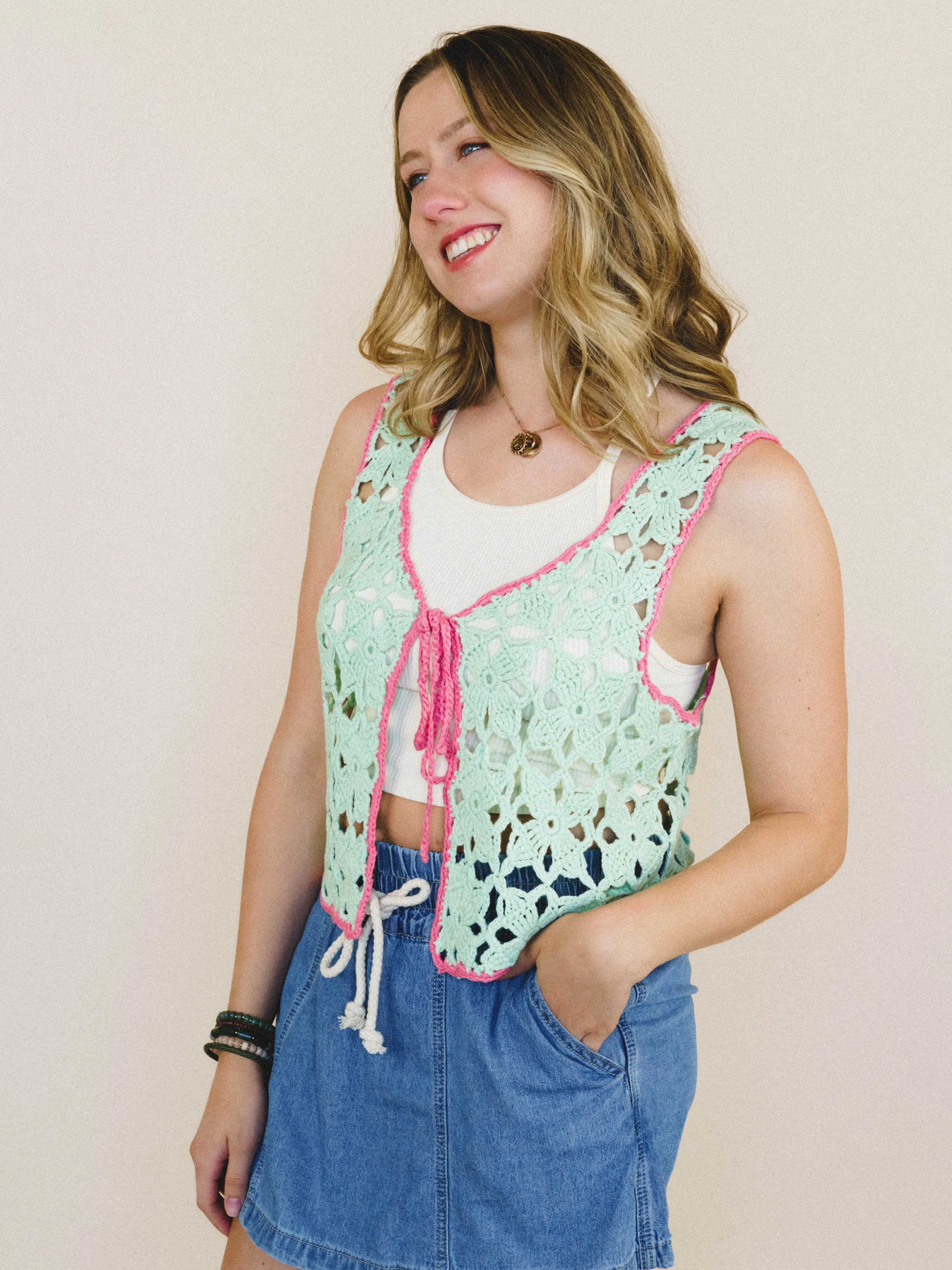 Island Awaits Crochet Vest - Spearmint sold by Three Bird Nest