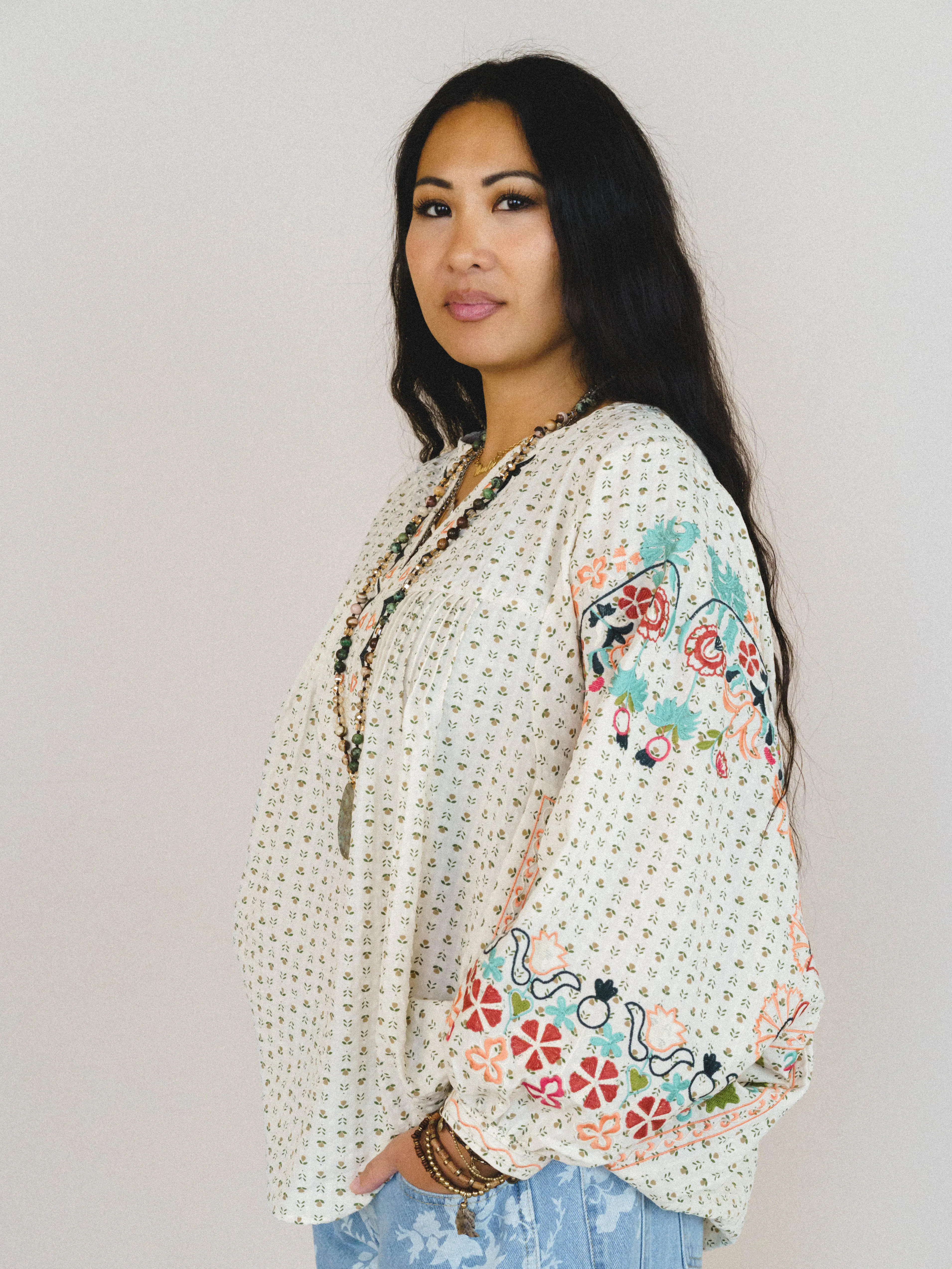 Frida Embroidered Dolman Sleeve Top - Oatmeal sold by Three Bird Nest product image thumbnail 2