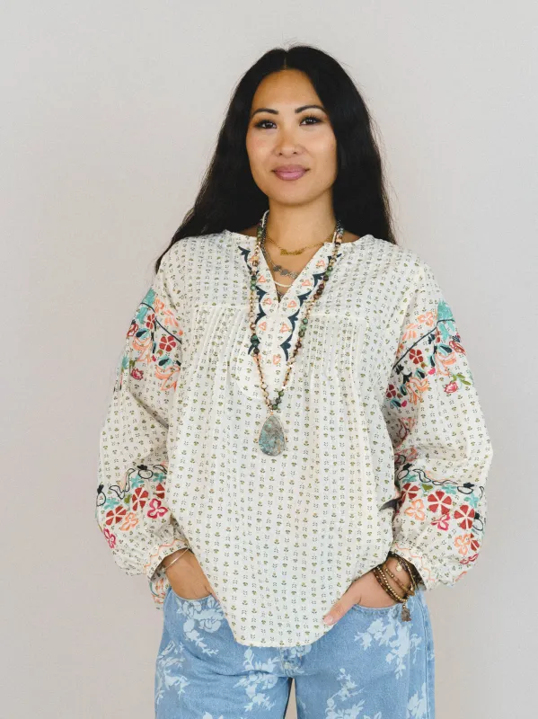 Frida Embroidered Dolman Sleeve Top - Oatmeal made by easel
