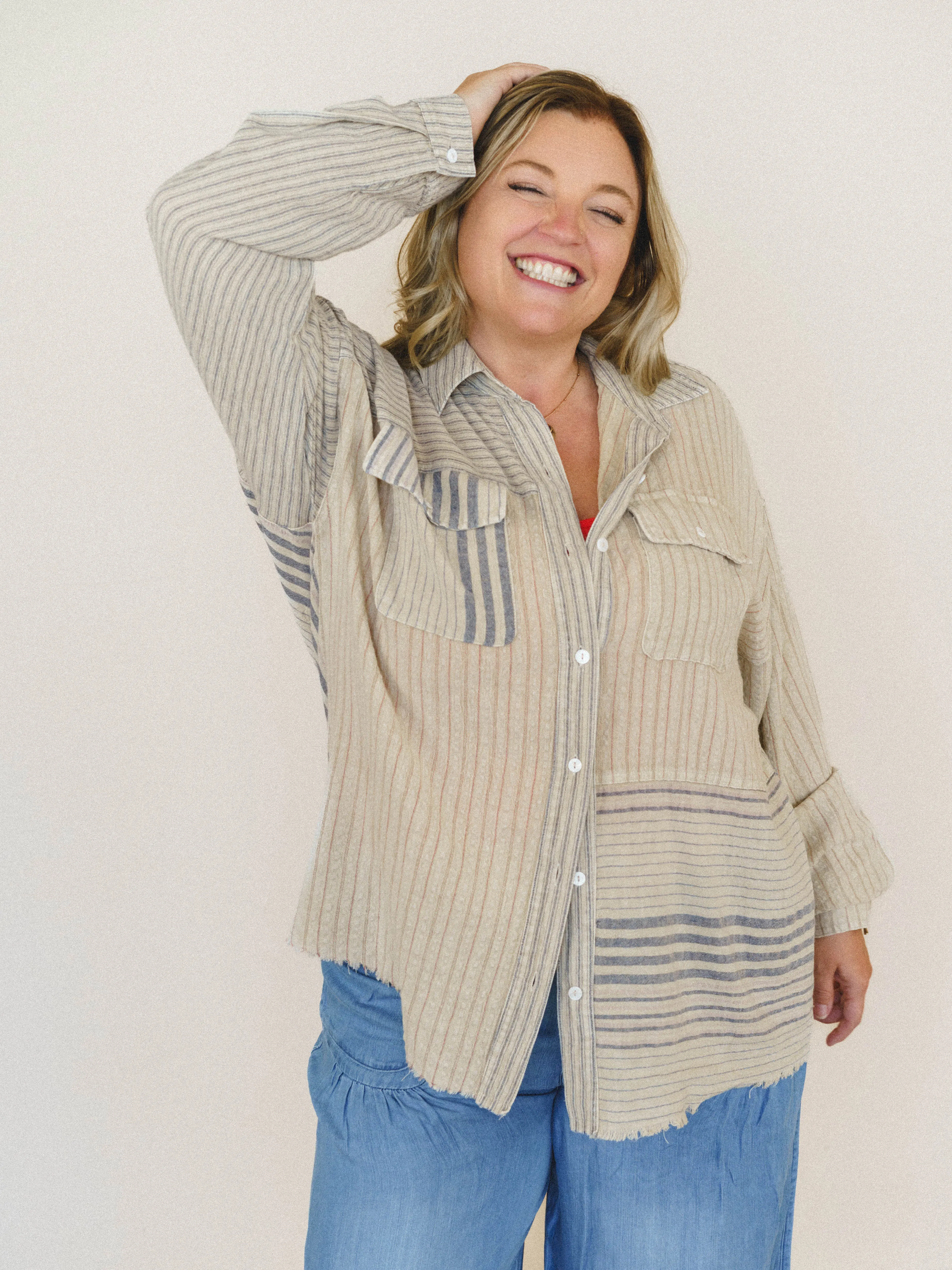 Solana Stripe Button Down Top - Faded Sage sold by Three Bird Nest product image thumbnail 2