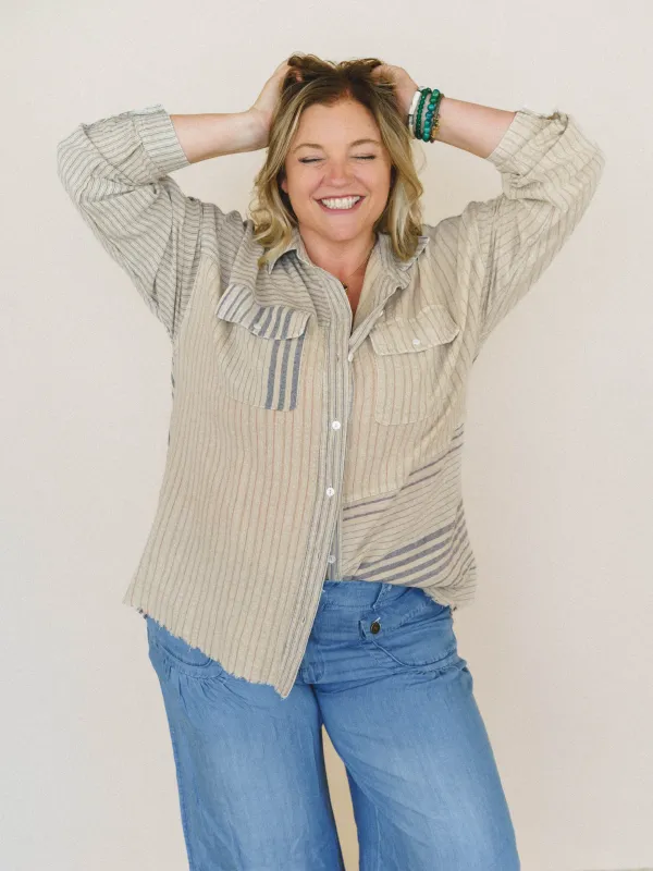 Solana Stripe Button Down Top - Faded Sage made by easel