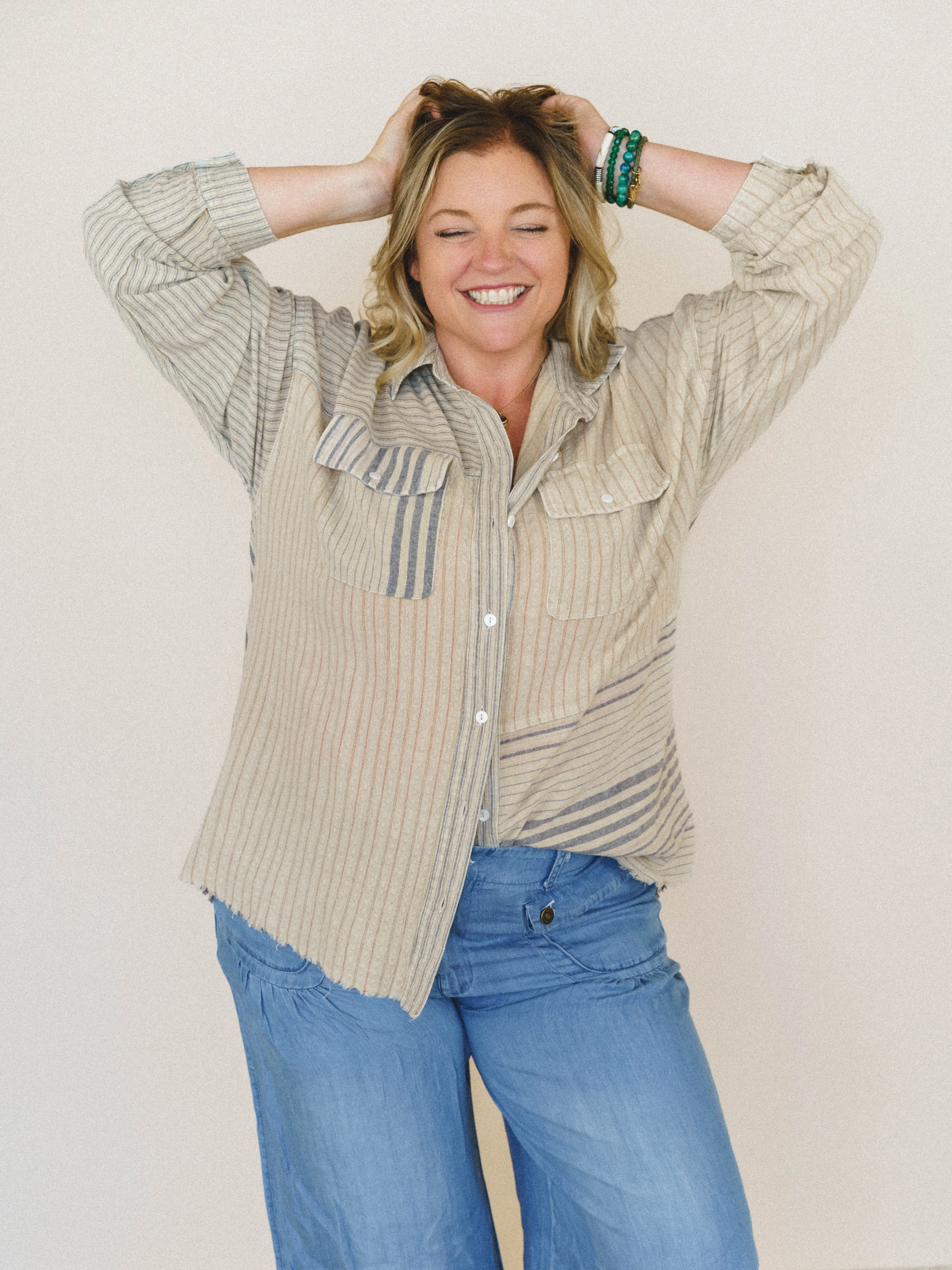 Solana Stripe Button Down Top - Faded Sage sold by Three Bird Nest