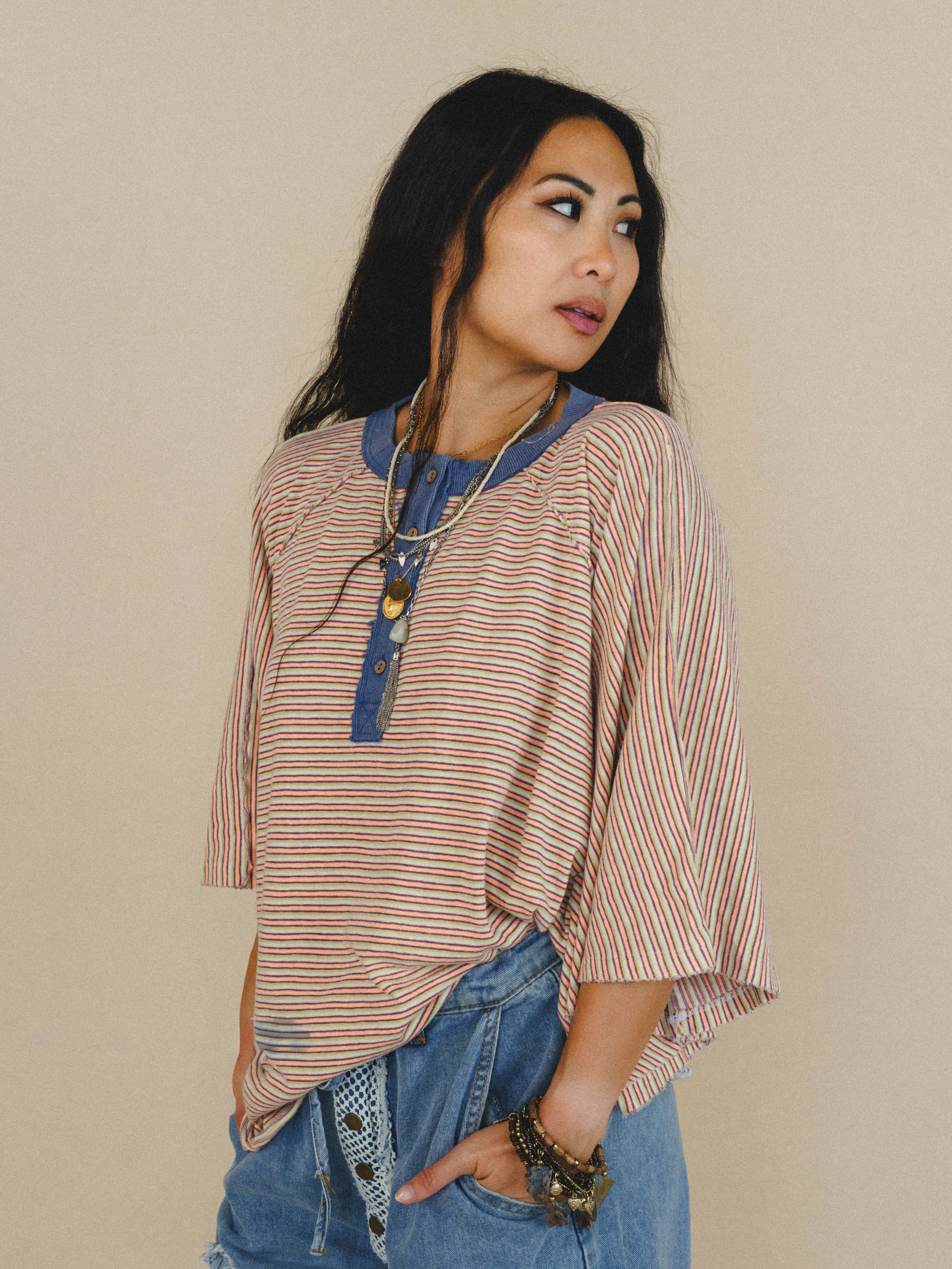 Florence Striped Poncho - Coral sold by Three Bird Nest product image thumbnail 2