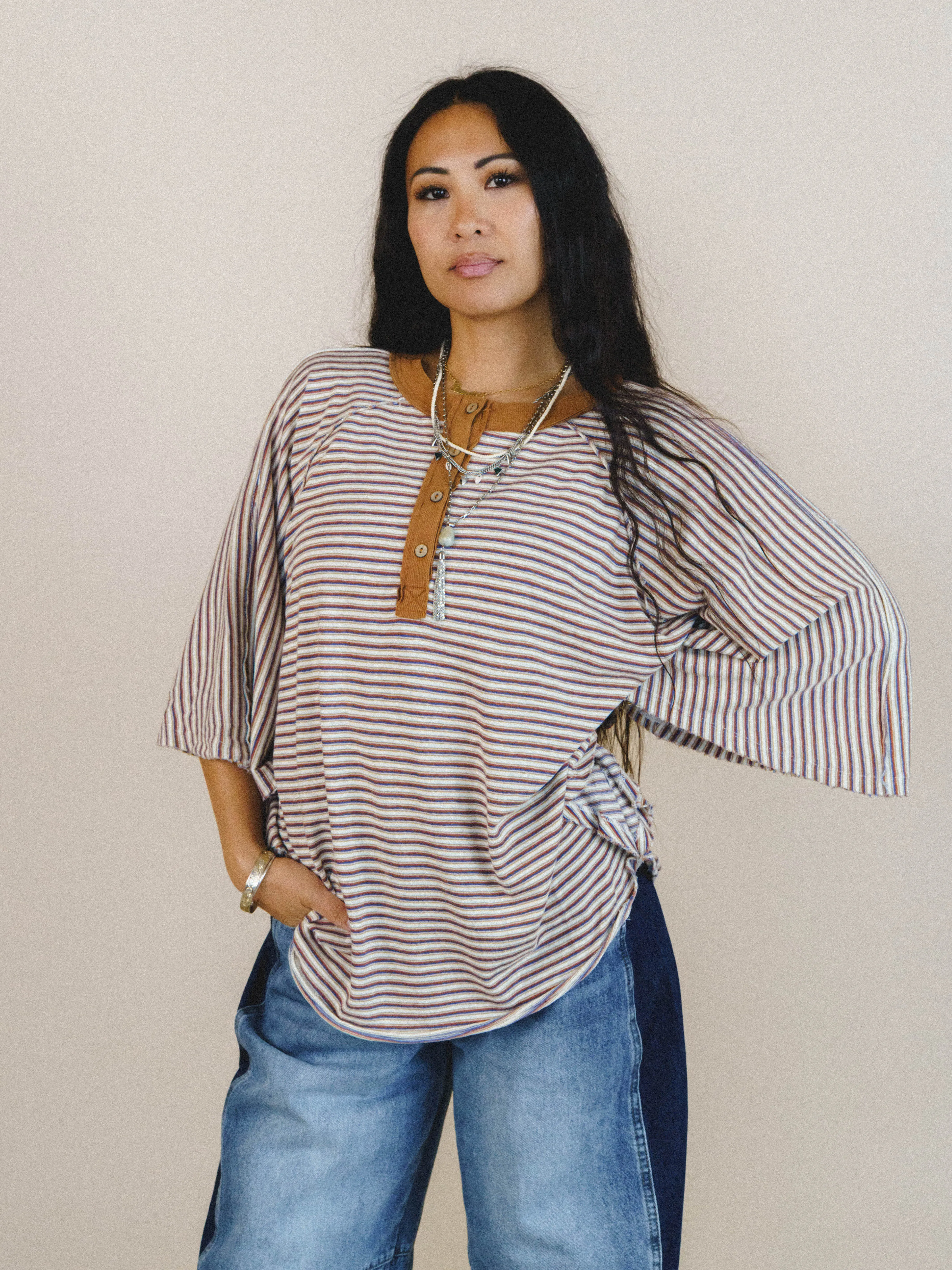 Florence Striped Poncho - Oatmeal sold by Three Bird Nest