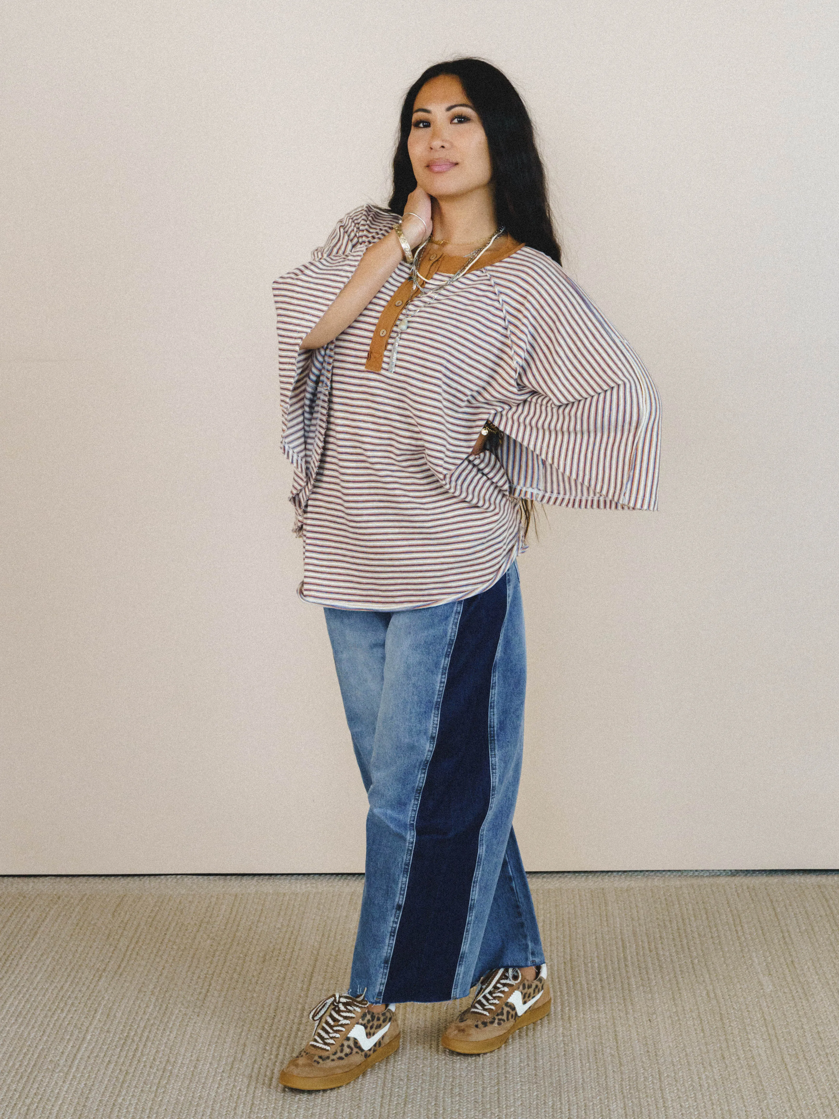 Florence Striped Poncho - Oatmeal sold by Three Bird Nest product image thumbnail 5