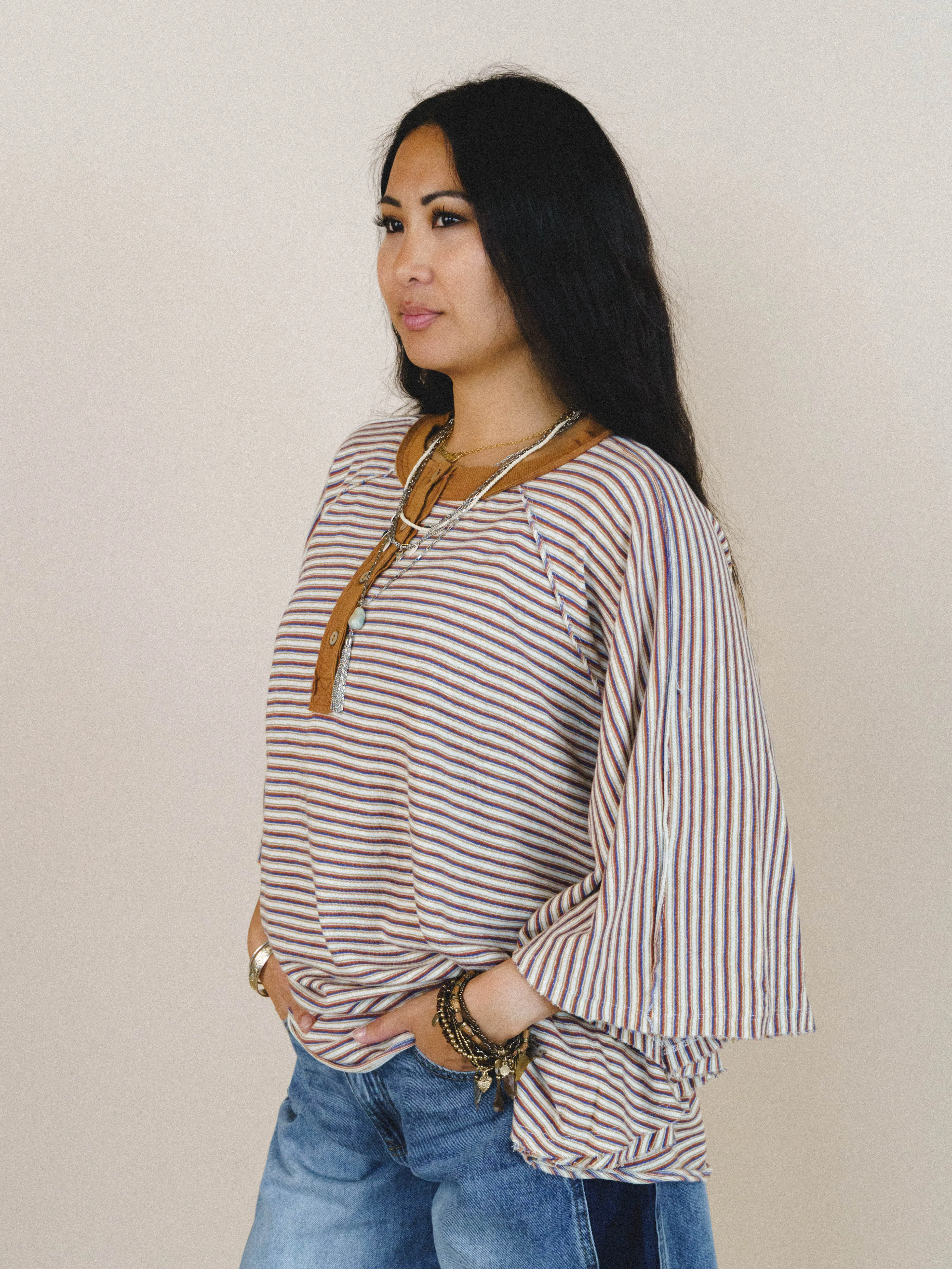 Florence Striped Poncho - Oatmeal sold by Three Bird Nest product image thumbnail 3