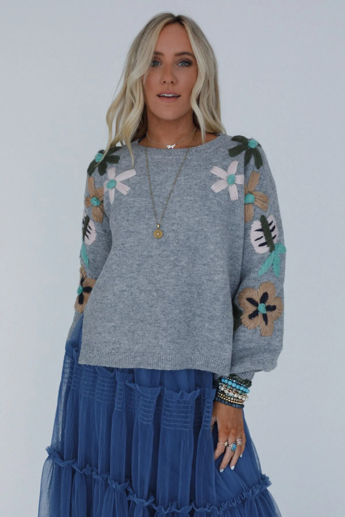 Wild Blossom Embroidered Sweater - Gray sold by Three Bird Nest product image thumbnail 2